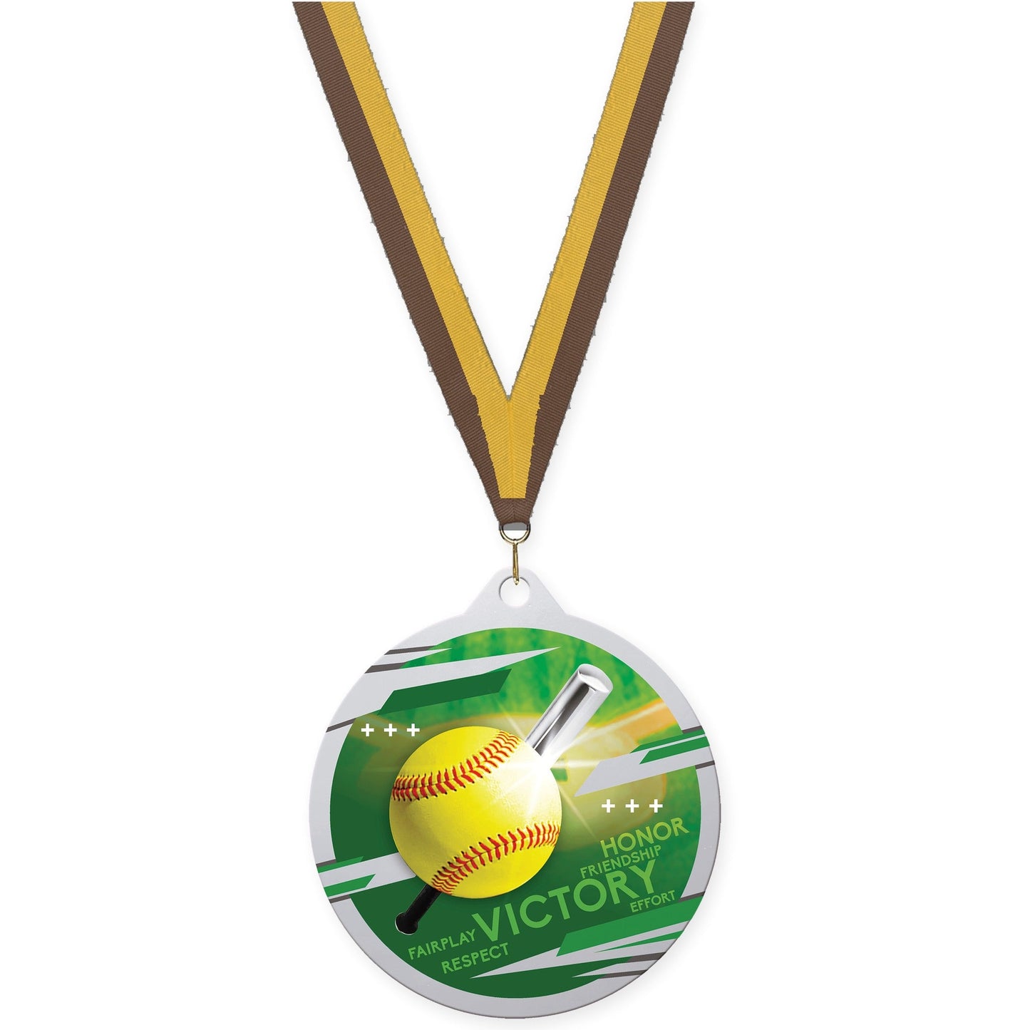 2 3/4 inch softball Inspire medal in silver with Brown Gold neck ribbon