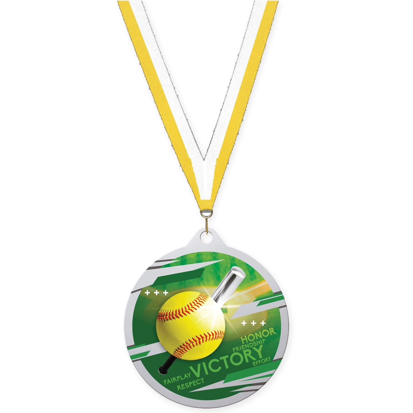 2 3/4 inch softball Inspire medal in silver with Yellow White neck ribbon