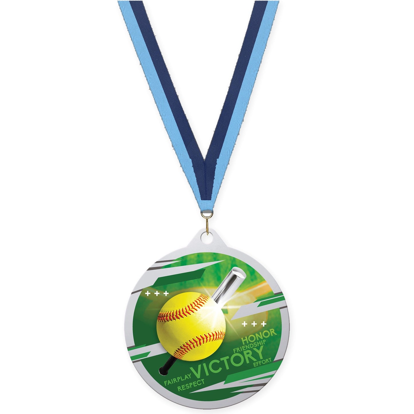 2 3/4 inch softball Inspire medal in silver with Light Blue Navy neck ribbon