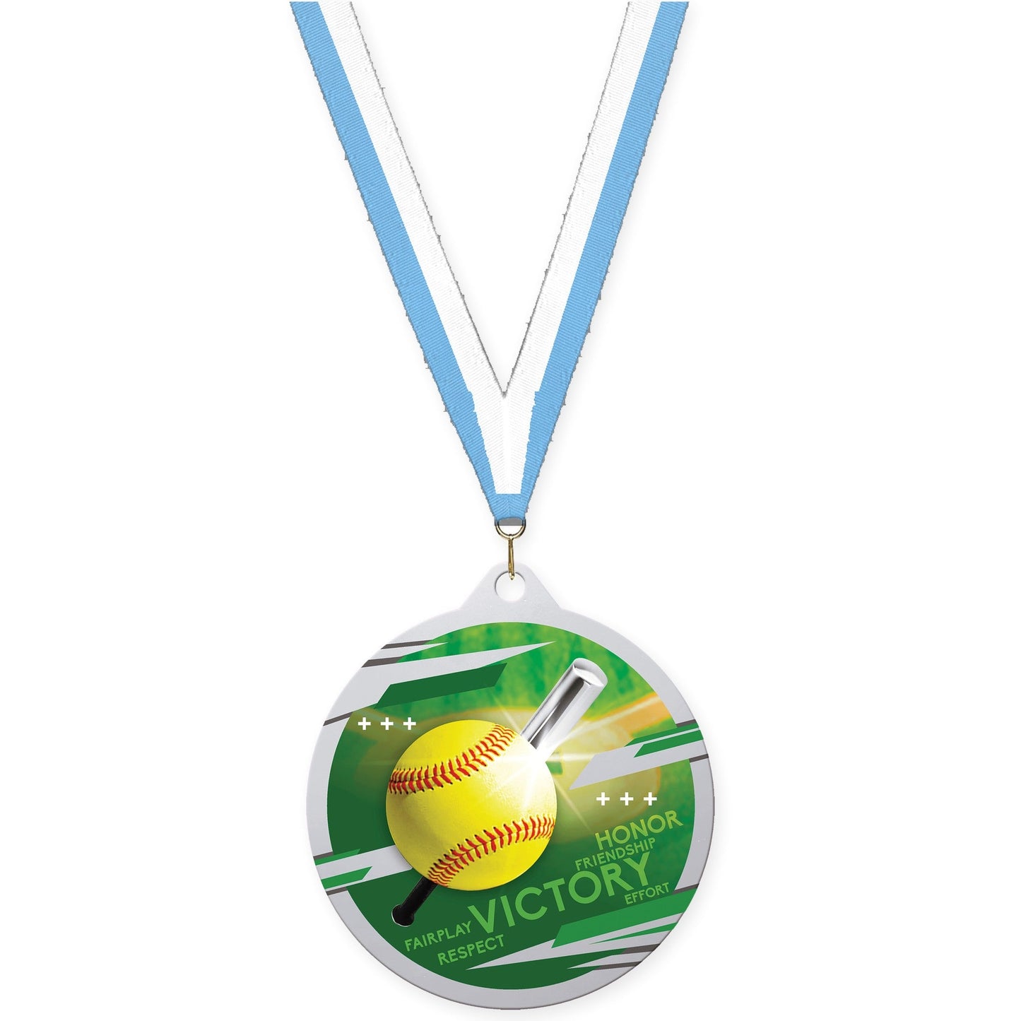 2 3/4 inch softball Inspire medal in silver with Light Blue White neck ribbon
