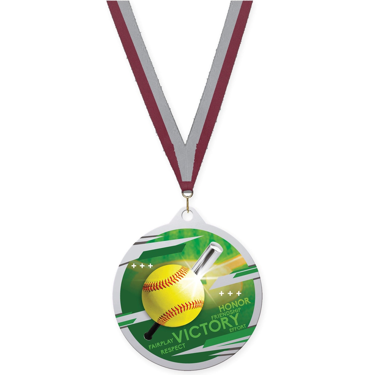 2 3/4 inch softball Inspire medal in silver with Maroon Gray neck ribbon
