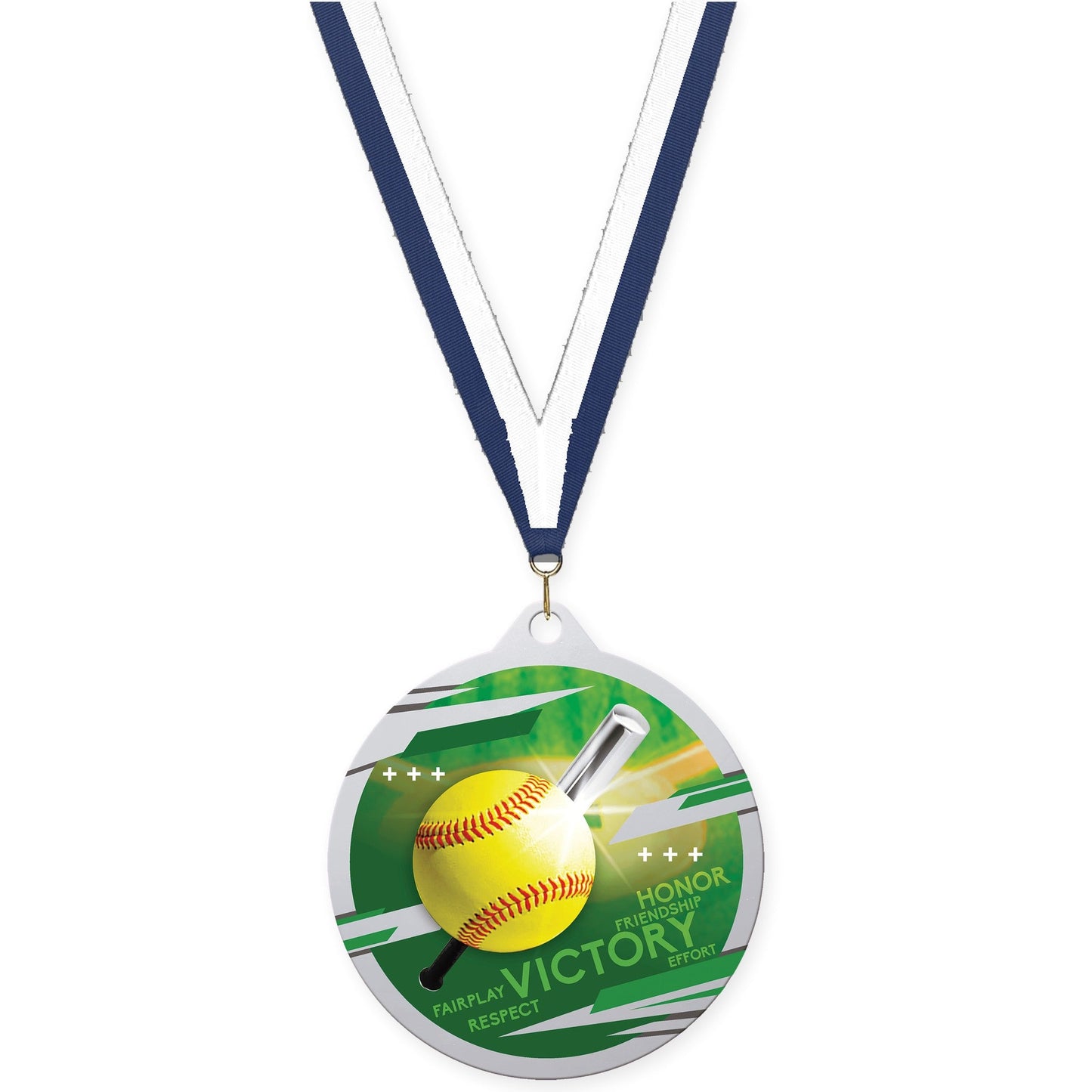 2 3/4 inch softball Inspire medal in silver with Navy White neck ribbon