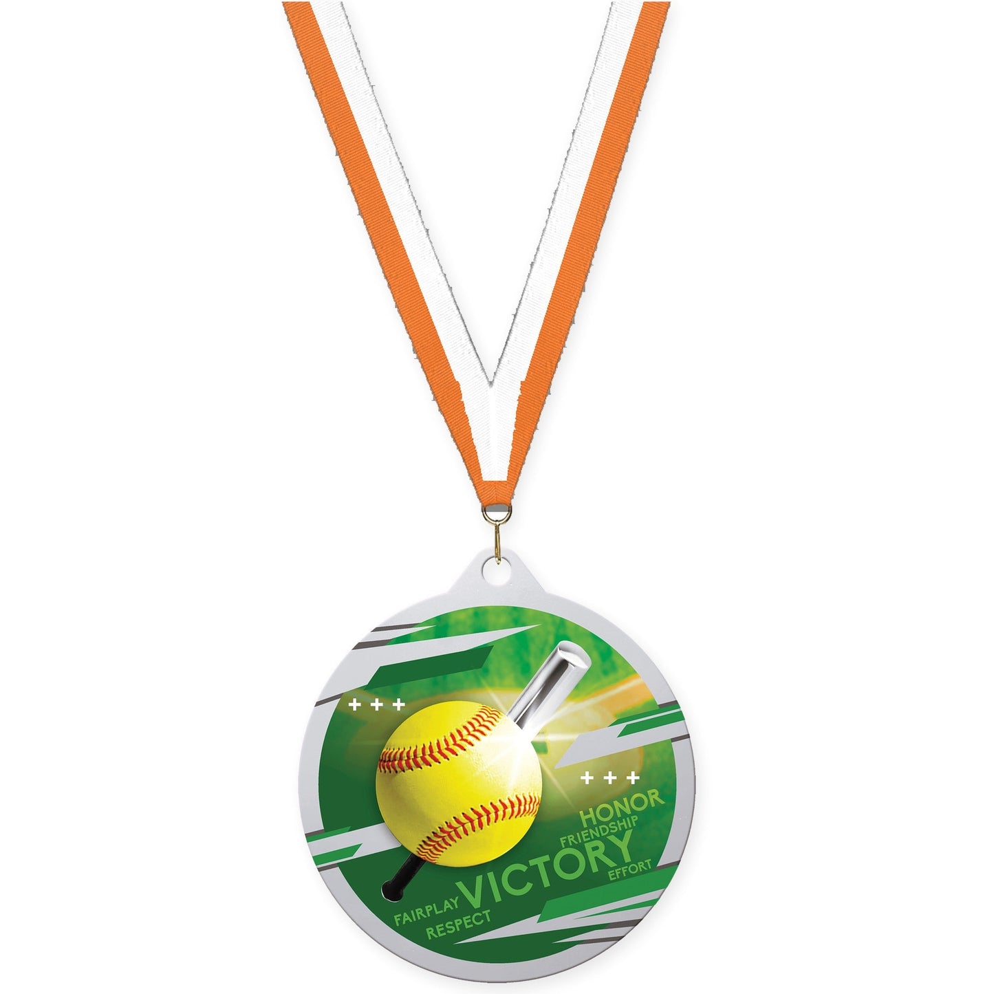 2 3/4 inch softball Inspire medal in silver with Orange White neck ribbon