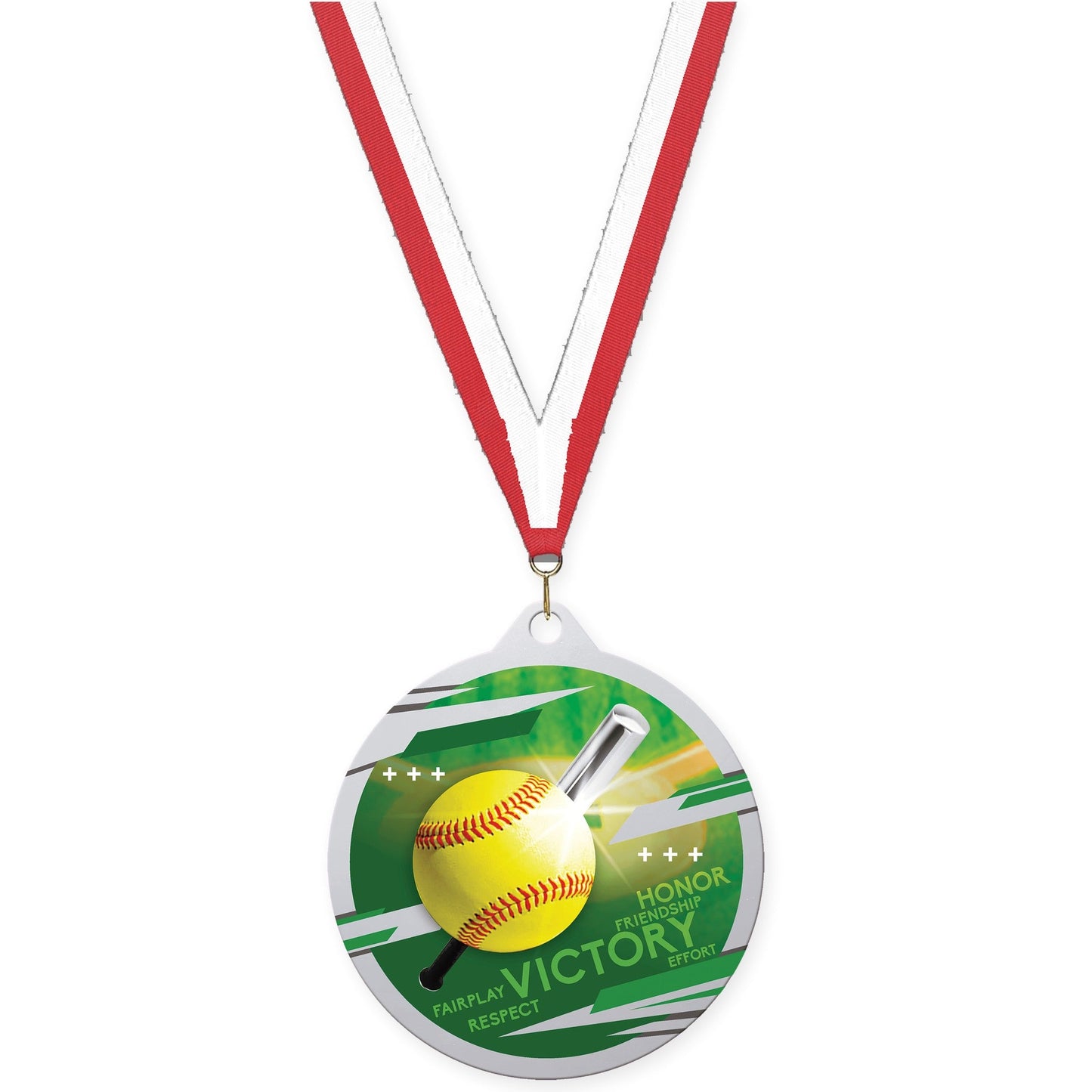 2 3/4 inch softball Inspire medal in silver with Red White neck ribbon
