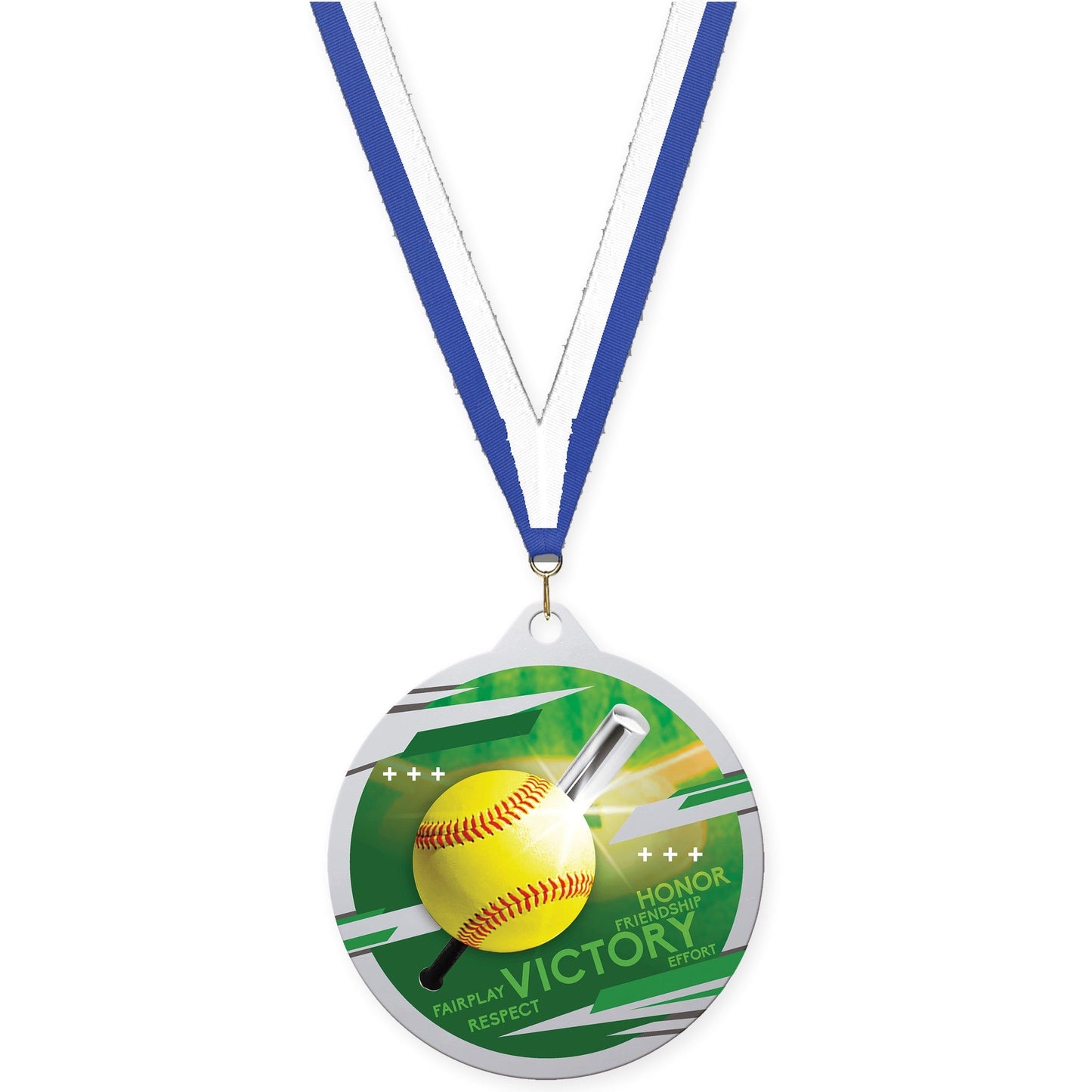 2 3/4 inch softball Inspire medal in silver with Blue White neck ribbon