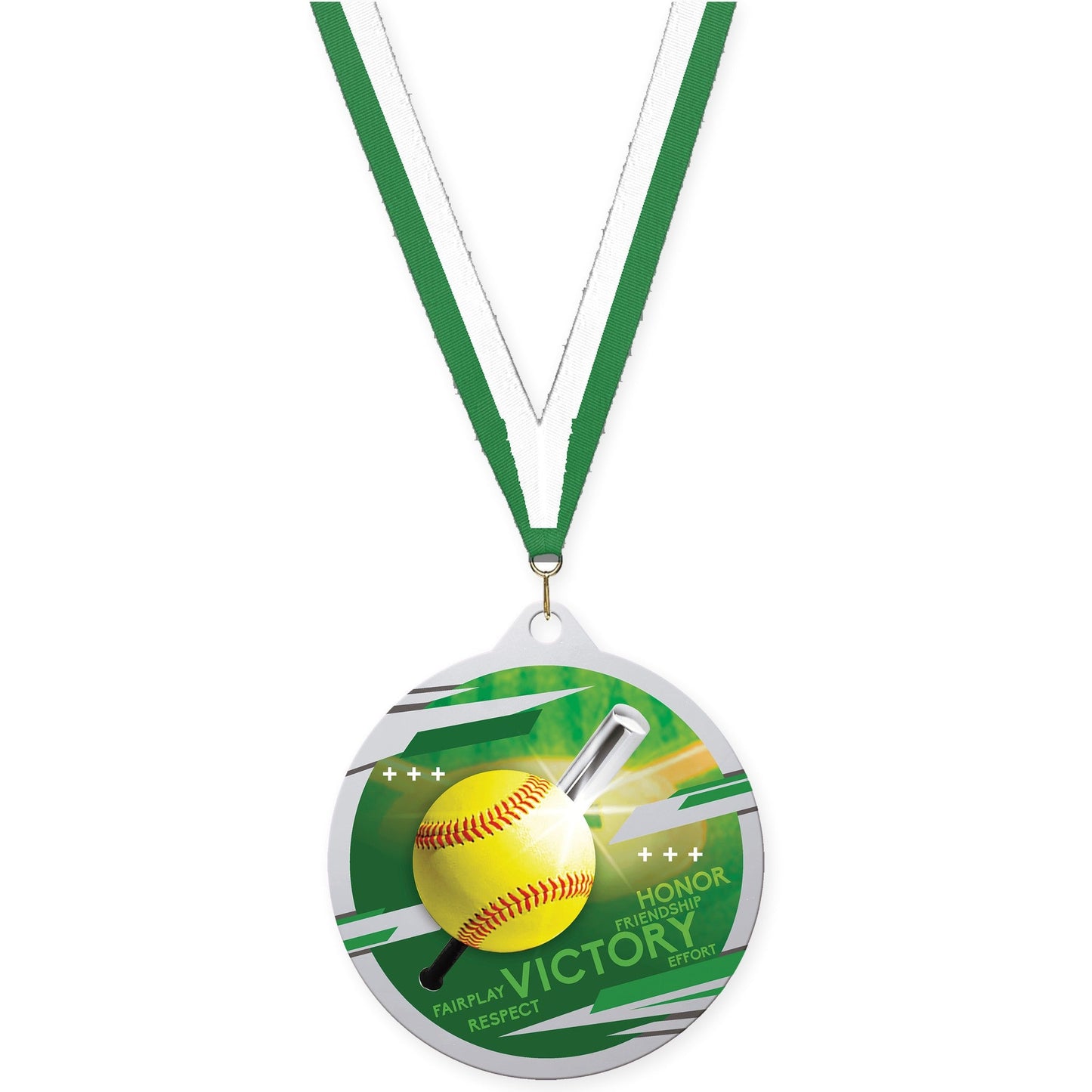 2 3/4 inch softball Inspire medal in silver with Green White neck ribbon