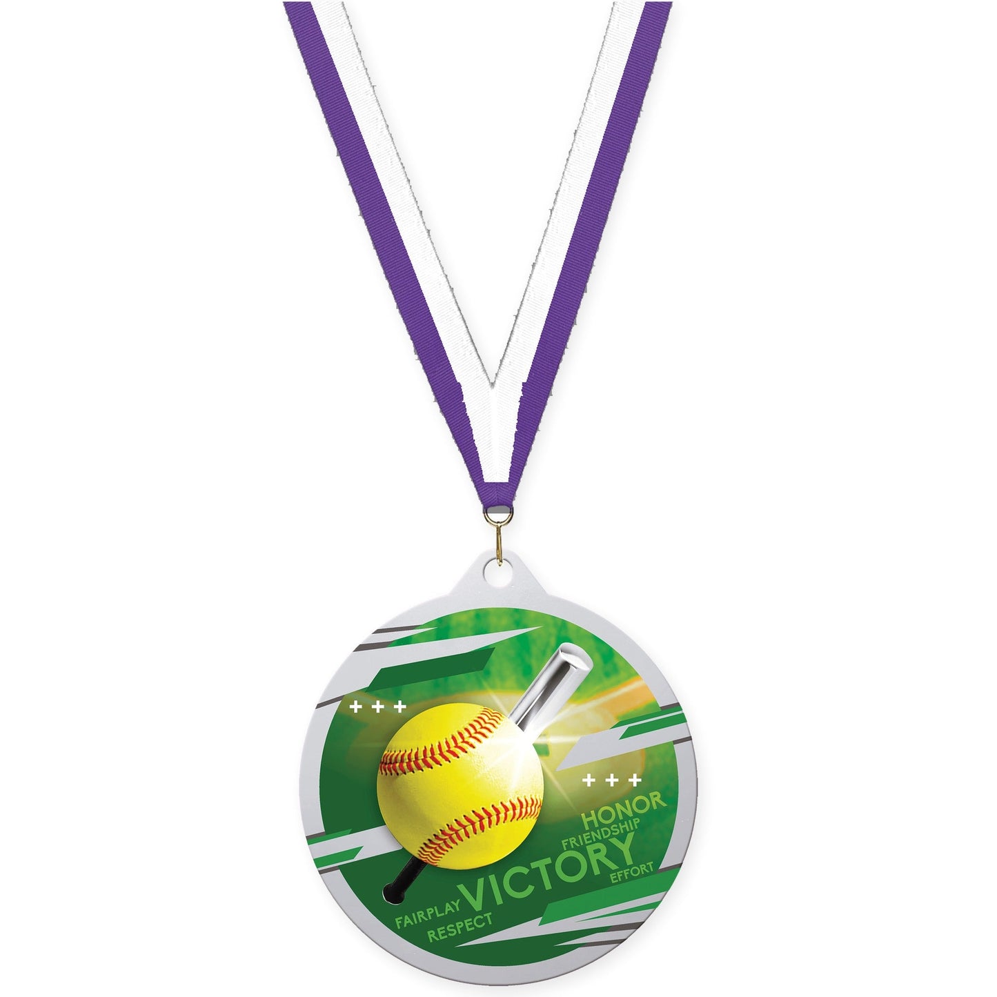 2 3/4 inch softball Inspire medal in silver with Purple White neck ribbon