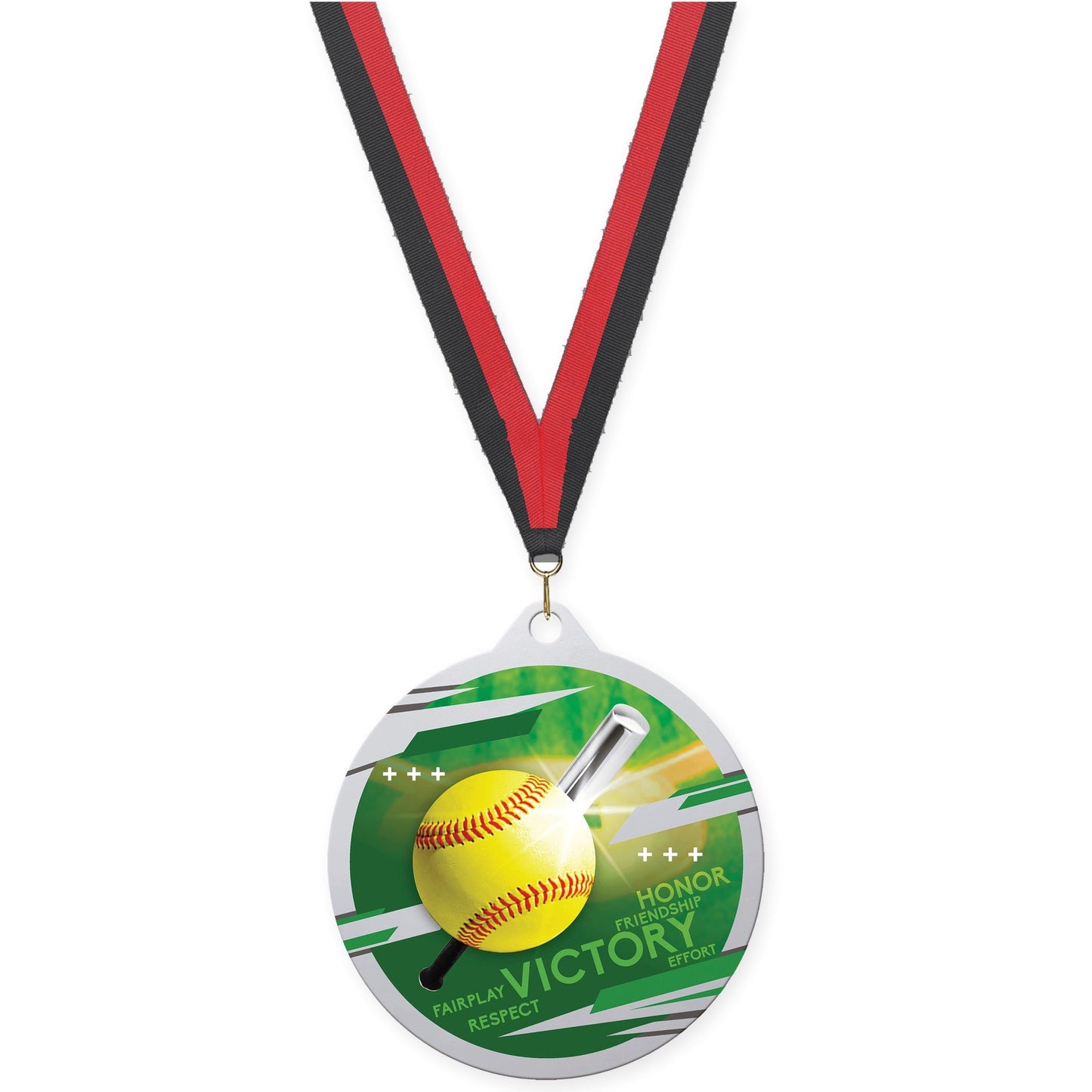 2 3/4 inch softball Inspire medal in silver with Black Red neck ribbon
