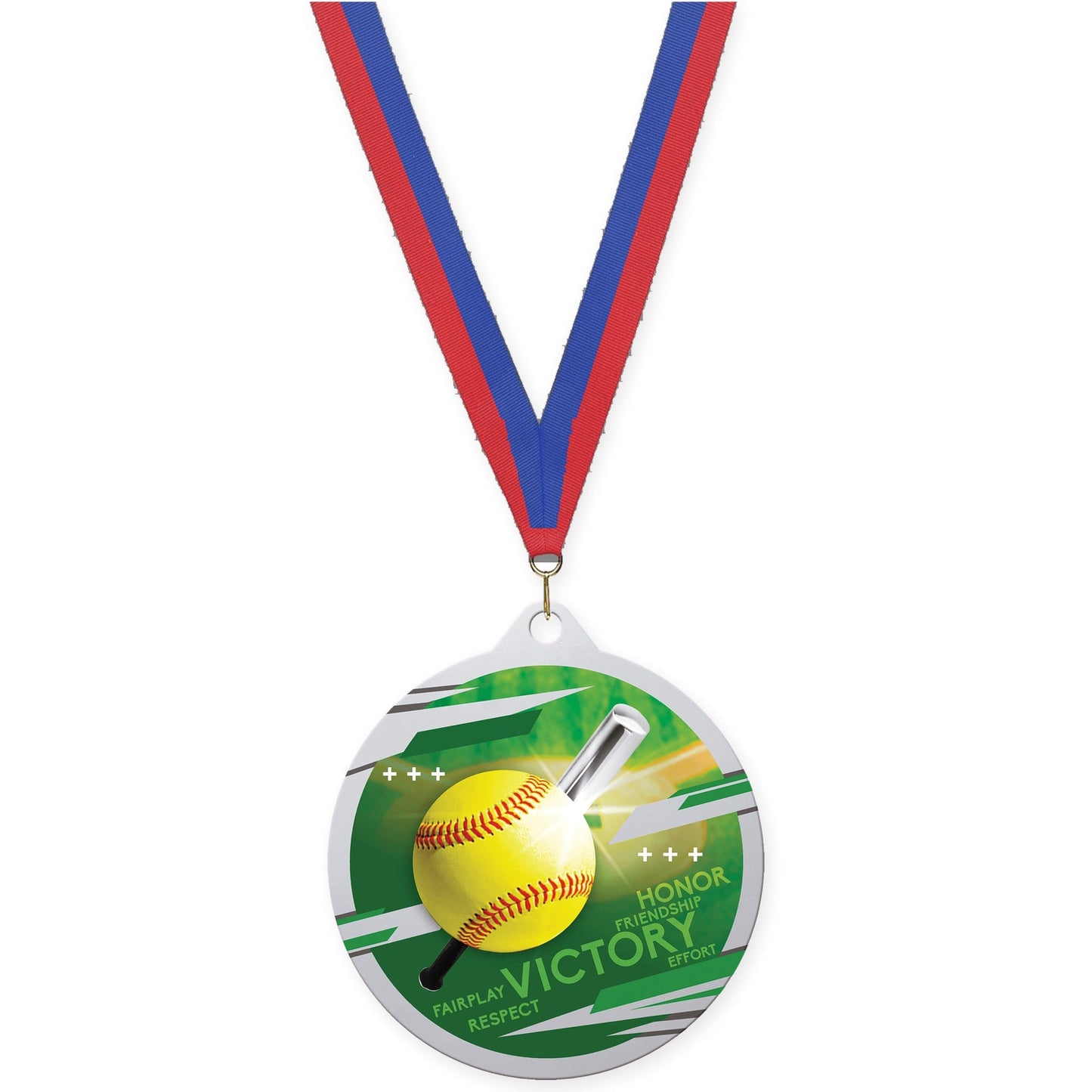 2 3/4 inch softball Inspire medal in silver with Blue Red neck ribbon