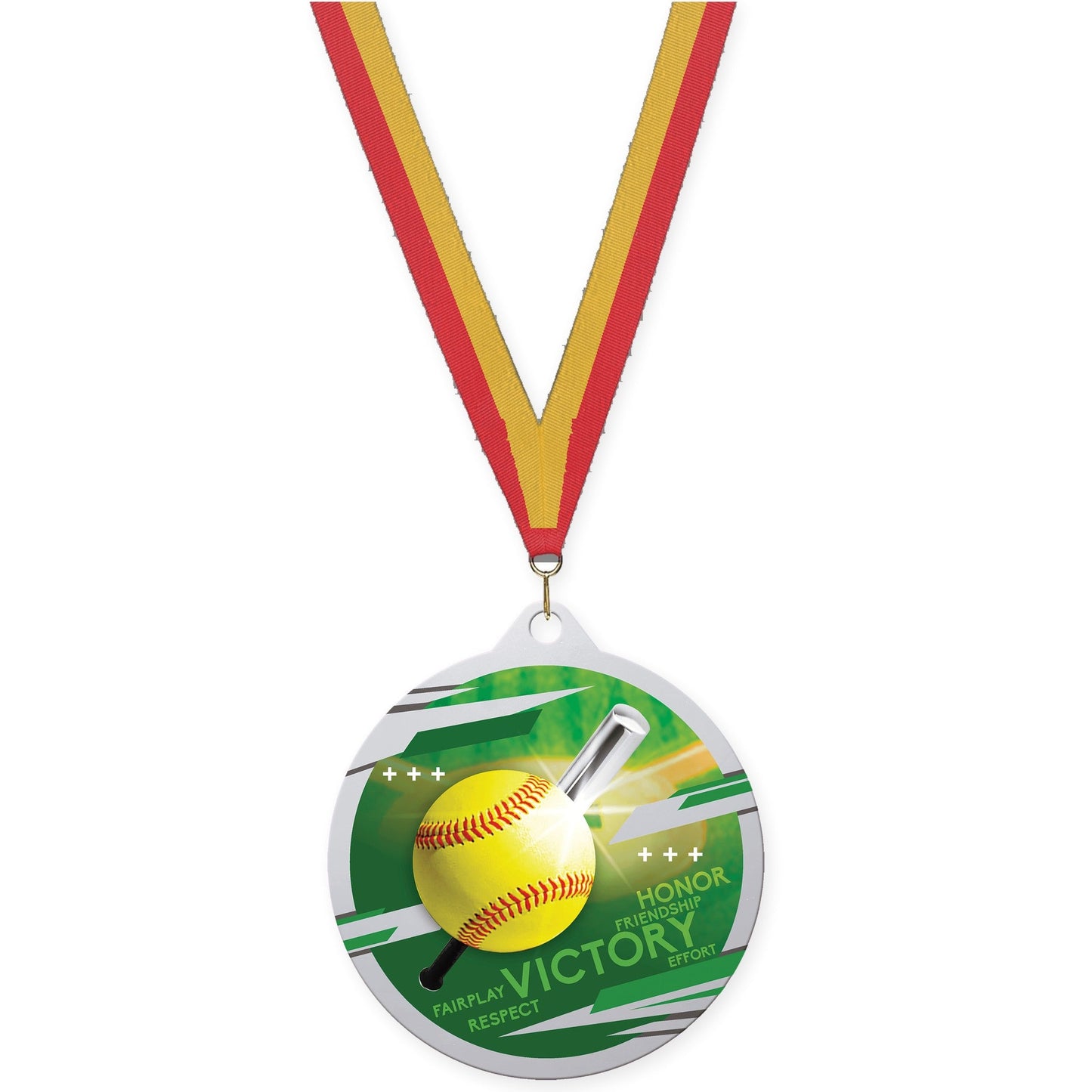 2 3/4 inch softball Inspire medal in silver with Red Gold neck ribbon