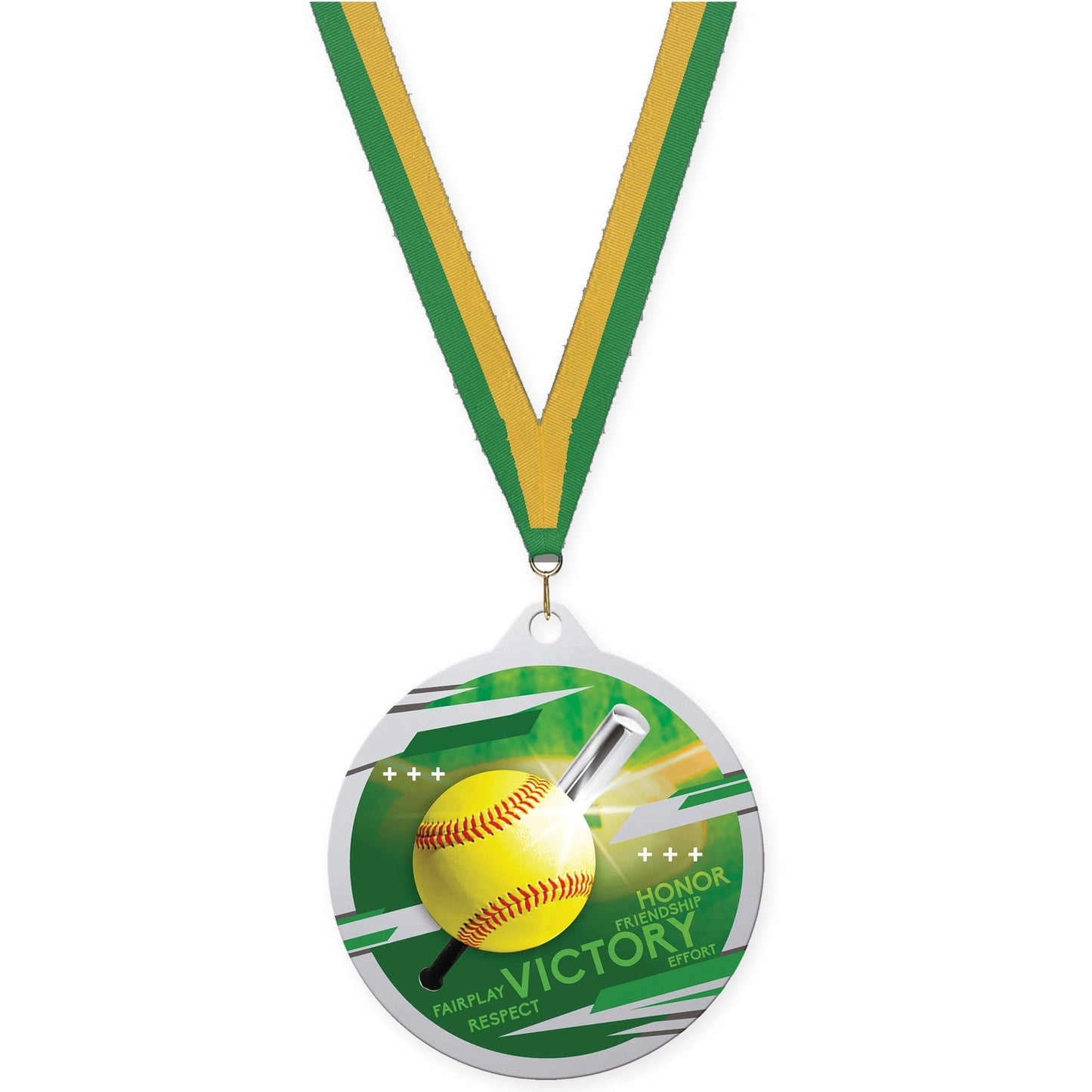 2 3/4 inch softball Inspire medal in silver with Green Gold neck ribbon