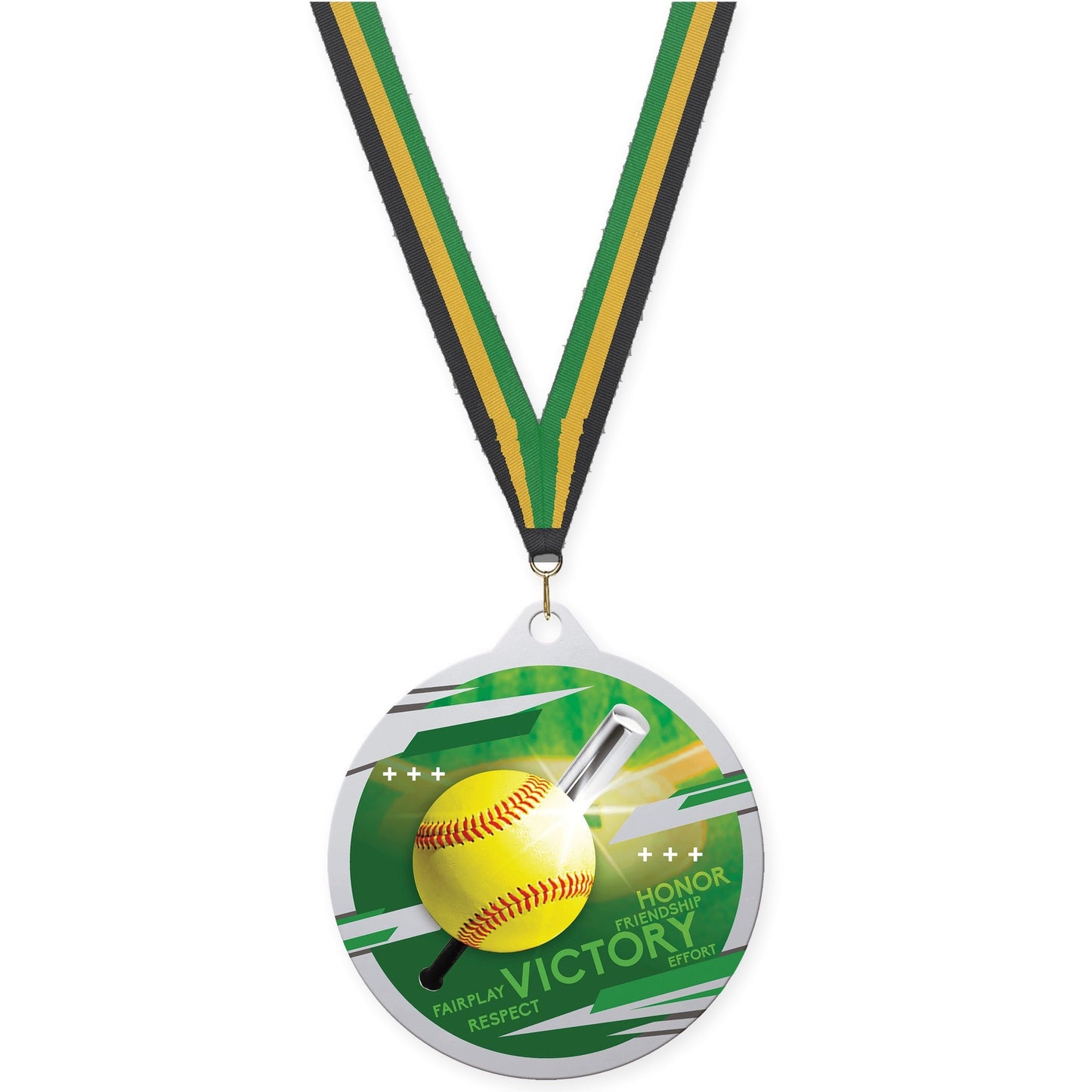 2 3/4 inch softball Inspire medal in silver with Black Gold Green neck ribbon