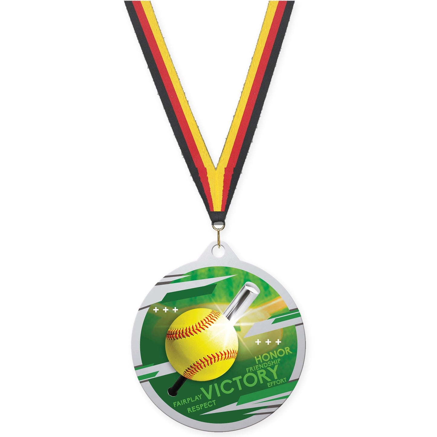 2 3/4 inch softball Inspire medal in silver with Black Red Yellow neck ribbon