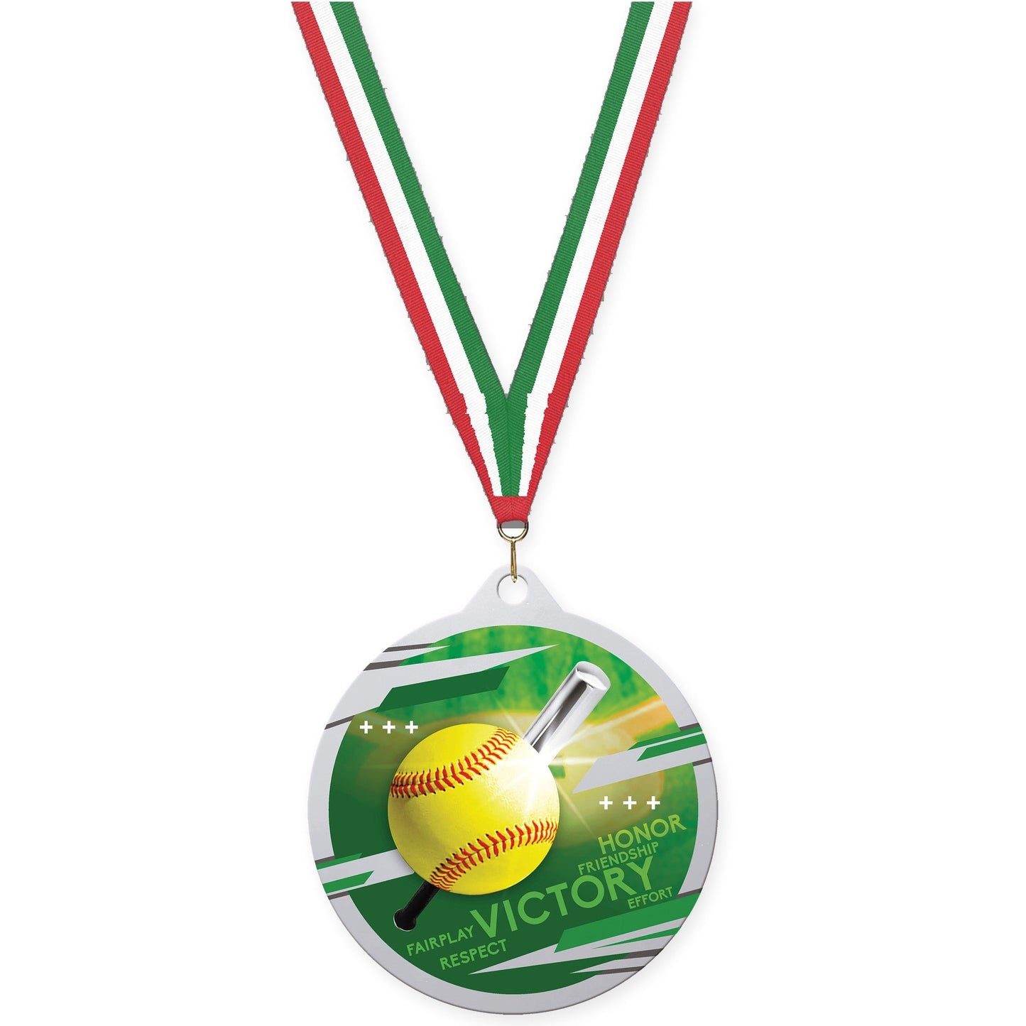 2 3/4 inch softball Inspire medal in silver with Red White Green neck ribbon