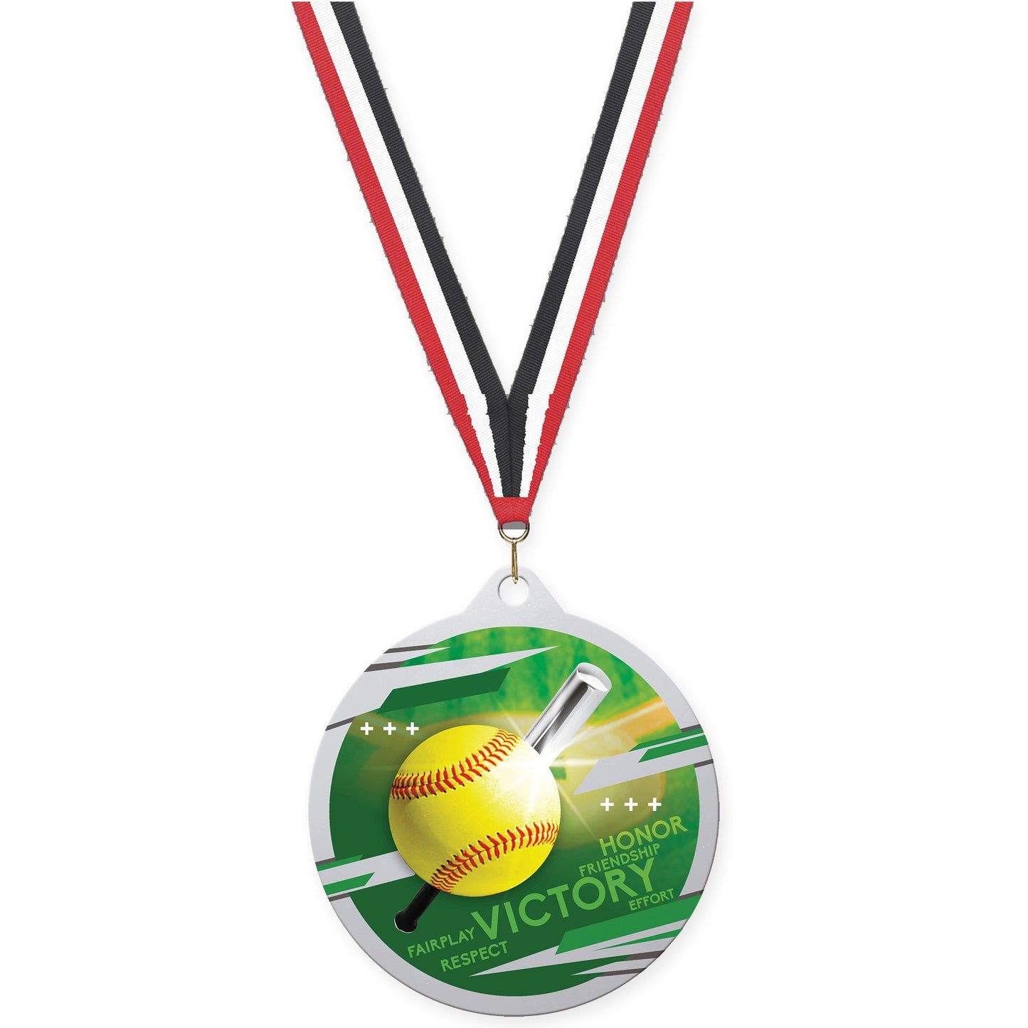 2 3/4 inch softball Inspire medal in silver with Red White Black neck ribbon