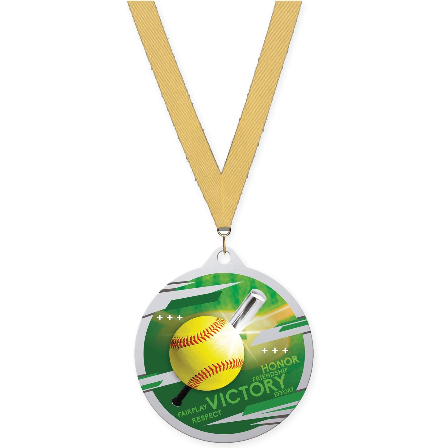 2 3/4 inch softball Inspire medal in silver with Gold Metallic neck ribbon