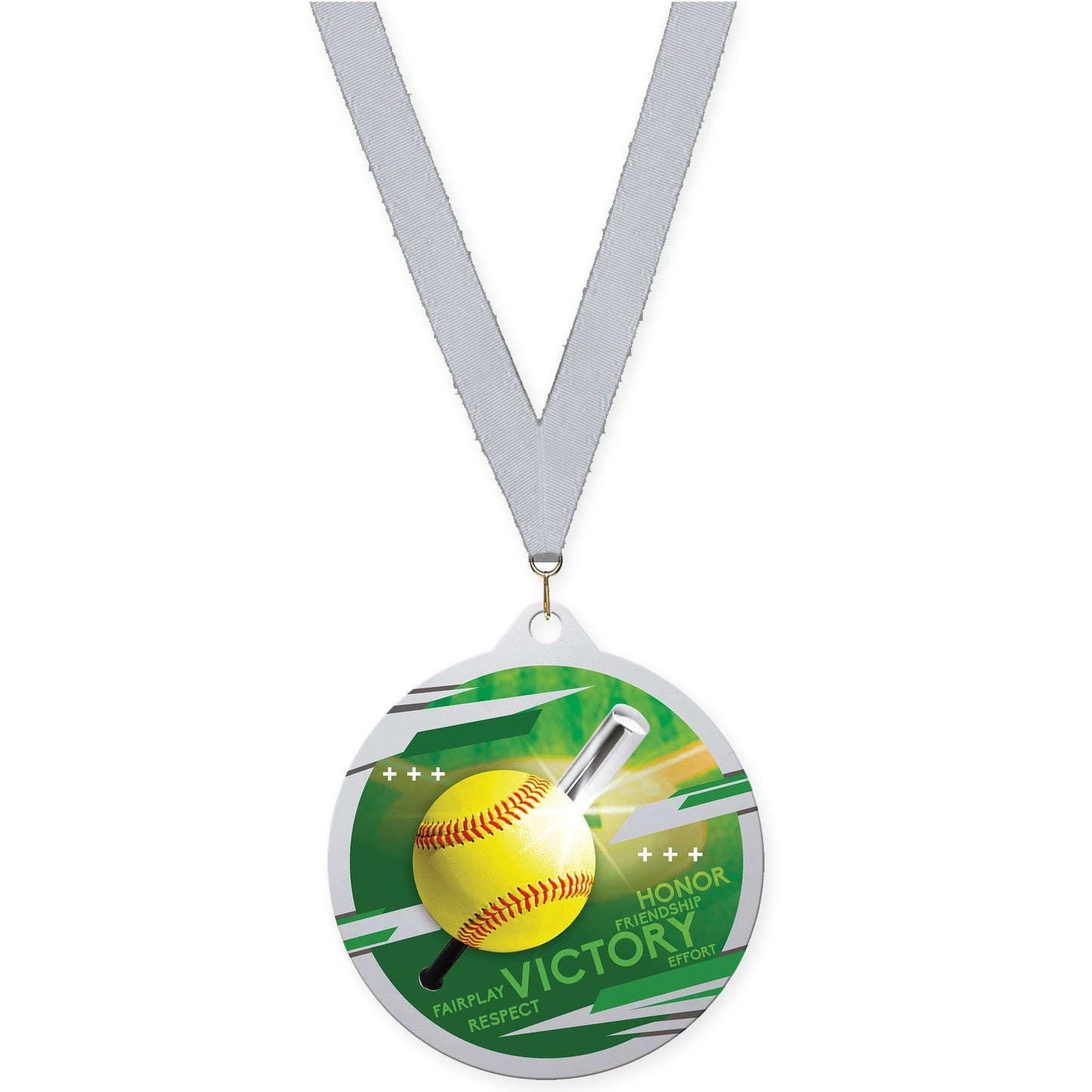 2 3/4 inch softball Inspire medal in silver with Silver Metallic neck ribbon
