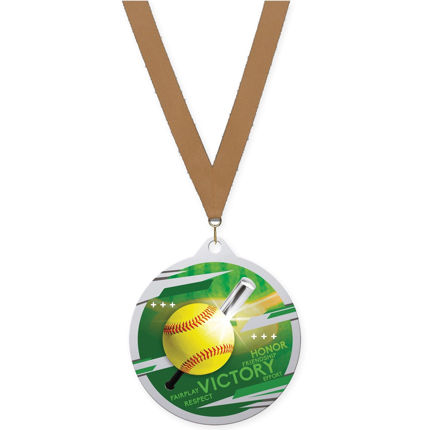 2 3/4 inch softball Inspire medal in silver with Bronze Metallic neck ribbon