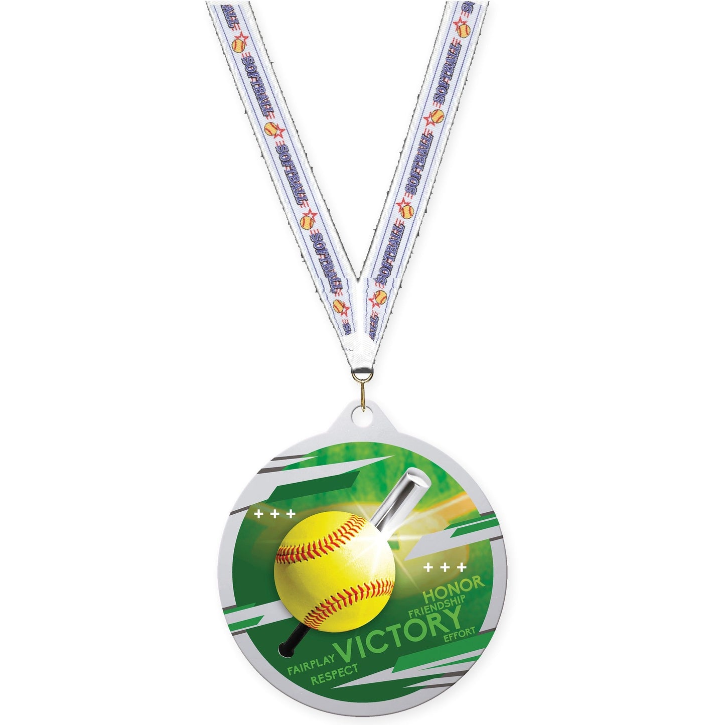 2 3/4 inch softball Inspire medal in silver with Softball neck ribbon