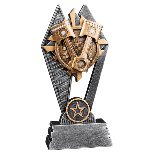7" Racing Sun Ray award with gold, gray and silver rays behind a racing design