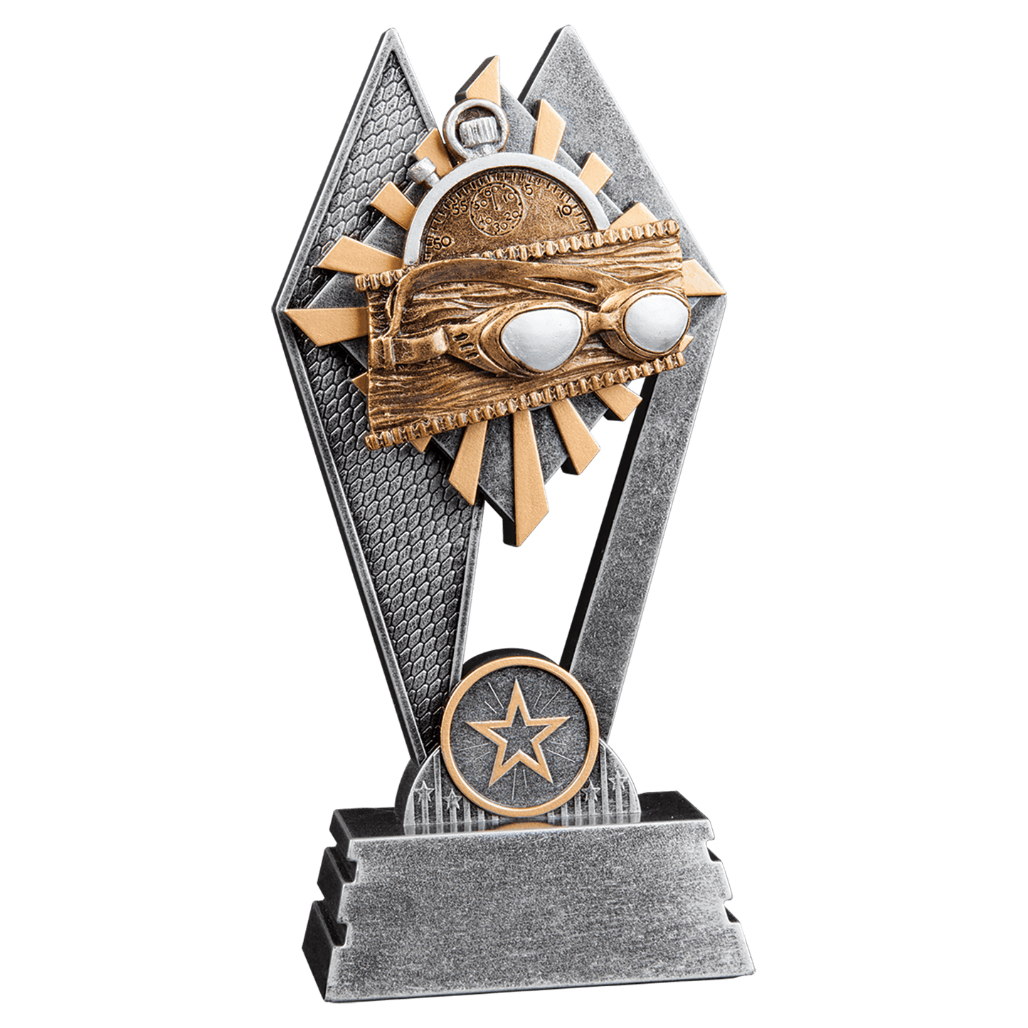 7" Swimming Sun Ray award with gold, gray and silver rays behind a swimming design