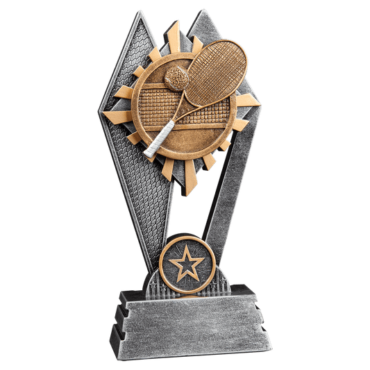 7" Tennis Sun Ray award with gold, gray and silver rays behind a tennis figure