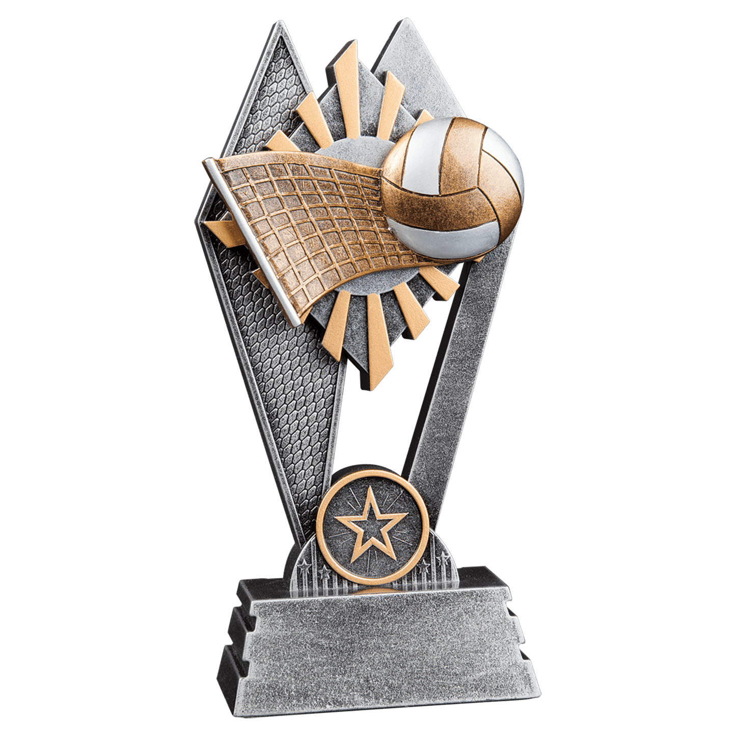 7" Volleyball Sun Ray award with gold, gray and silver rays behind a volleyball design