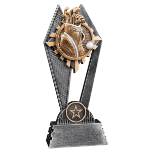 Golf Sun Ray resin trophy with radiating rays behind a golf ball and club