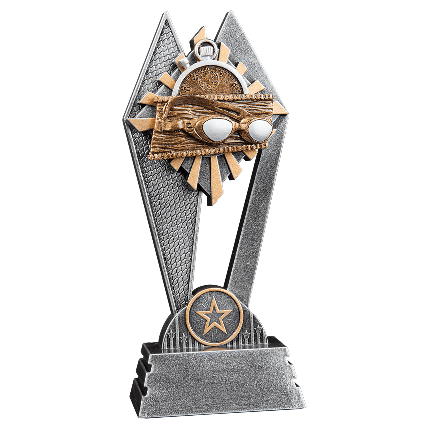 8" Swimming Sun Ray award with gold, gray and silver rays behind a swimming design