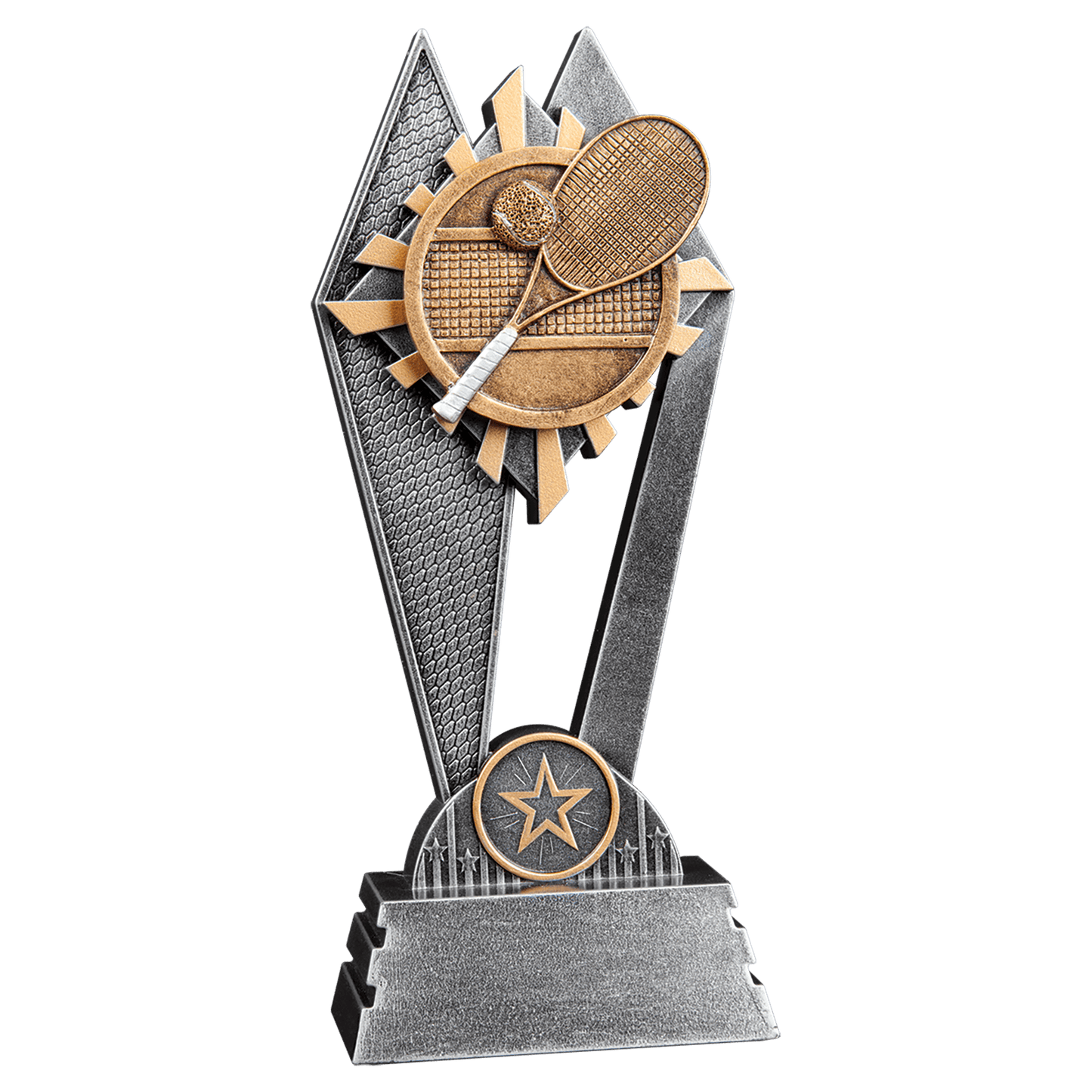 8" Tennis Sun Ray award with gold, gray and silver rays behind a tennis figure