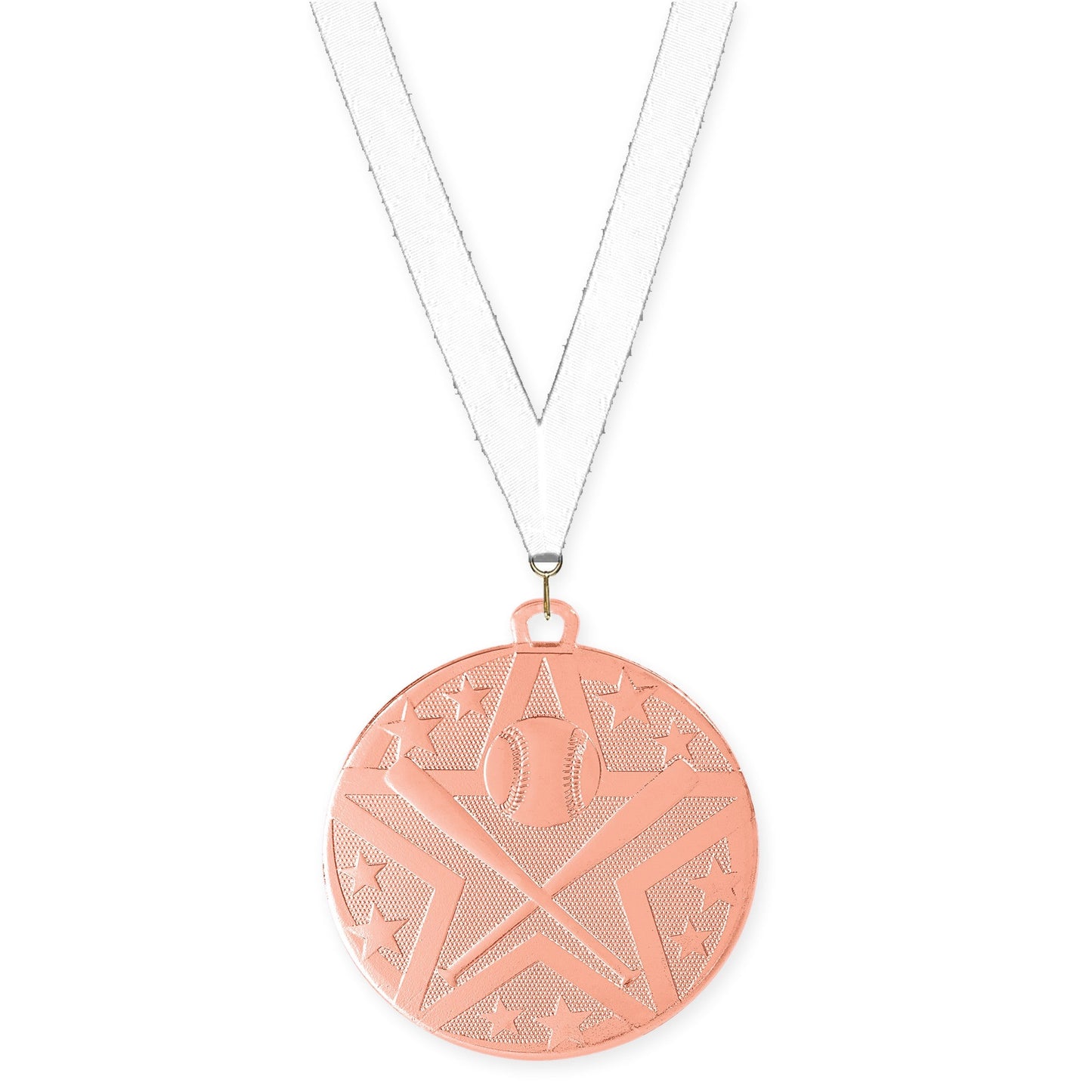 2 inch baseball and softball Superstar medal in bronze with White neck ribbon