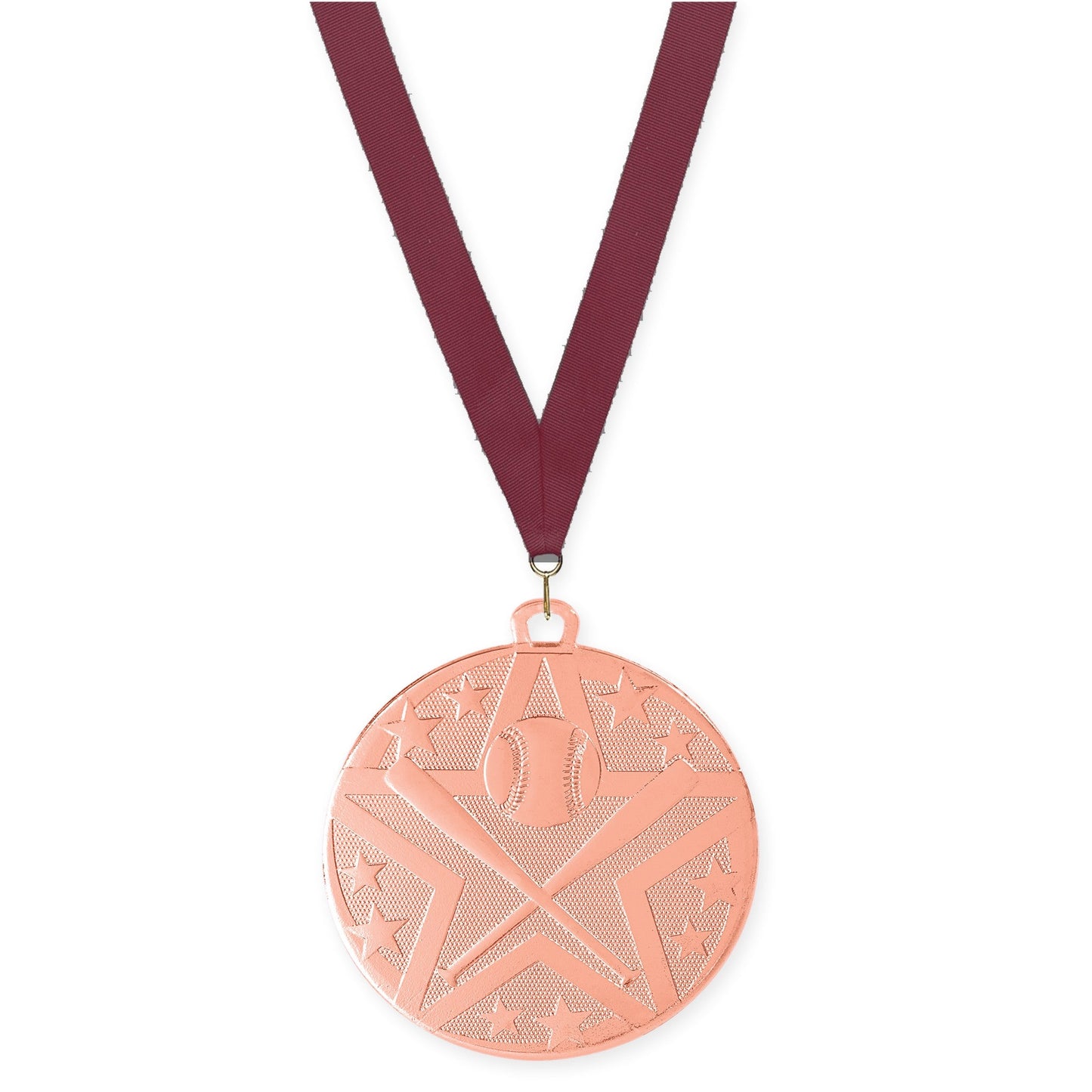 2 inch baseball and softball Superstar medal in bronze with Maroon neck ribbon