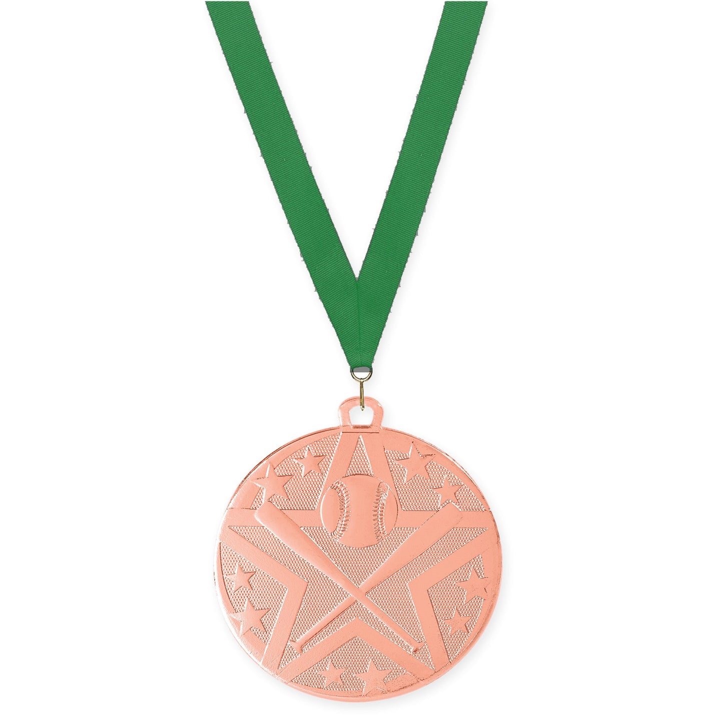 2 inch baseball and softball Superstar medal in bronze with Green neck ribbon