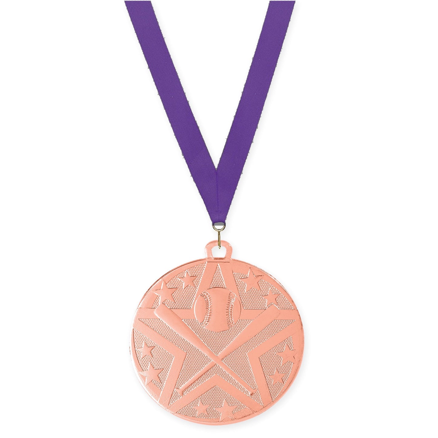 2 inch baseball and softball Superstar medal in bronze with Purple neck ribbon
