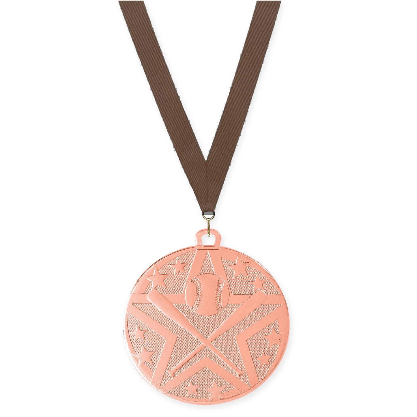 2 inch baseball and softball Superstar medal in bronze with Brown neck ribbon