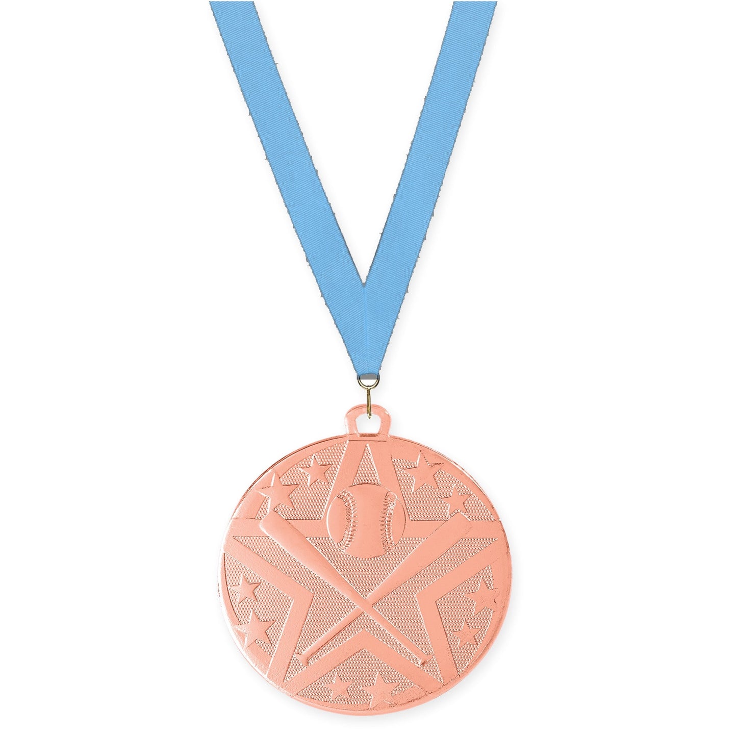 2 inch baseball and softball Superstar medal in bronze with Light Blue neck ribbon