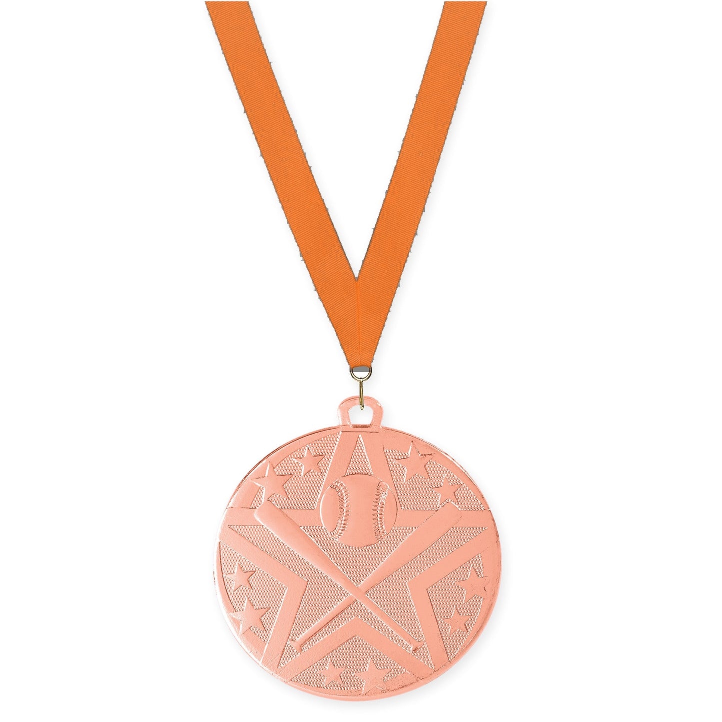2 inch baseball and softball Superstar medal in bronze with Orange neck ribbon