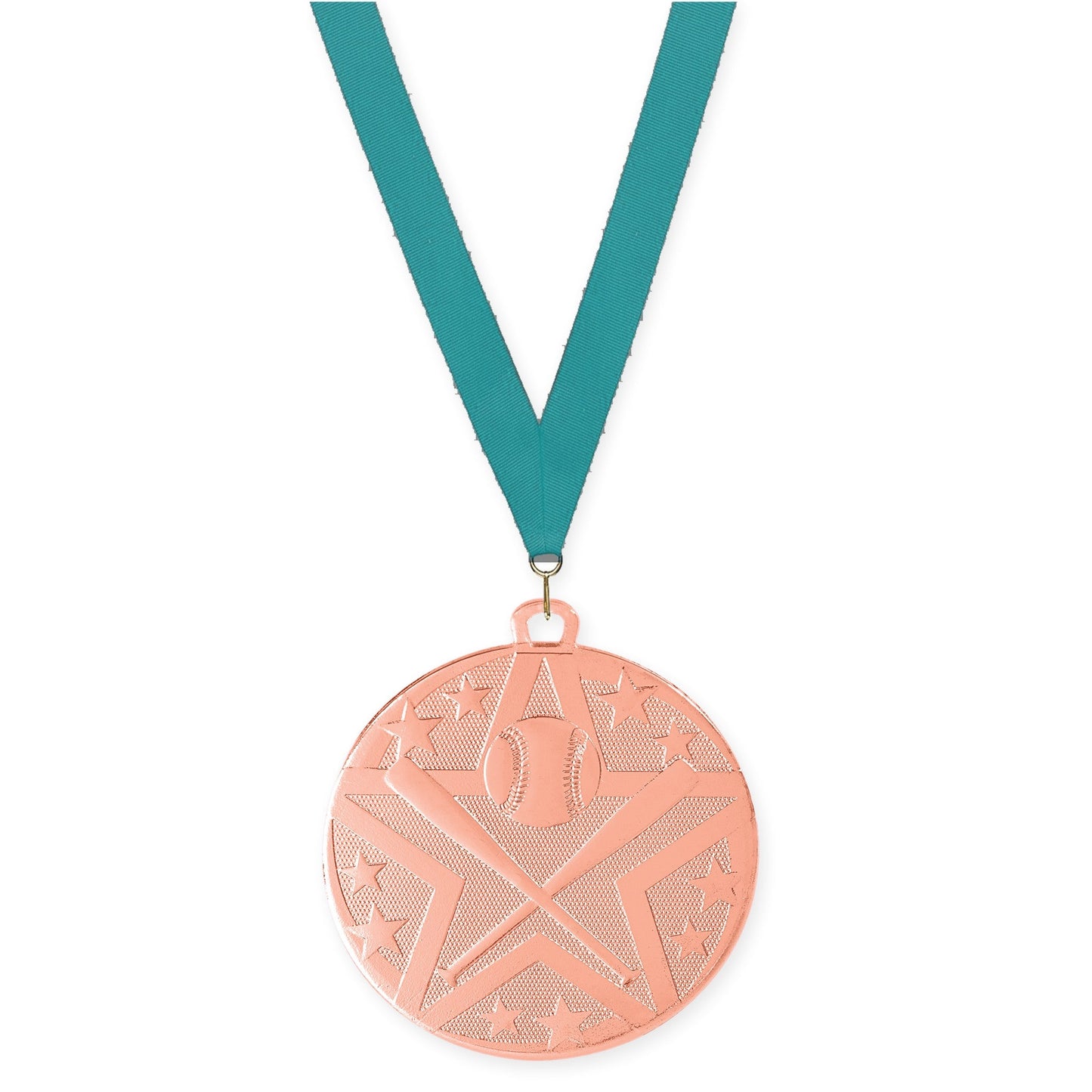 2 inch baseball and softball Superstar medal in bronze with Teal neck ribbon