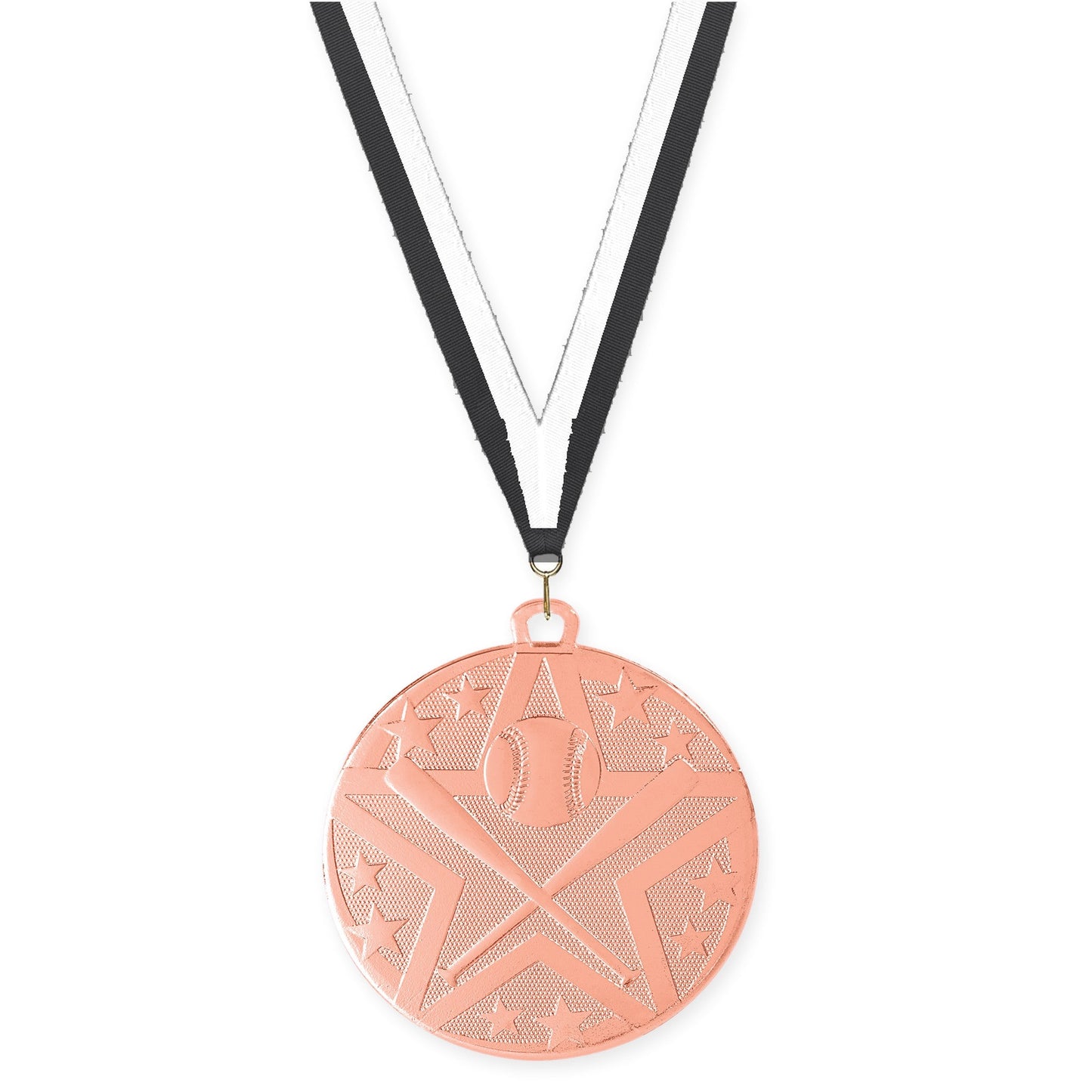 2 inch baseball and softball Superstar medal in bronze with Black White neck ribbon