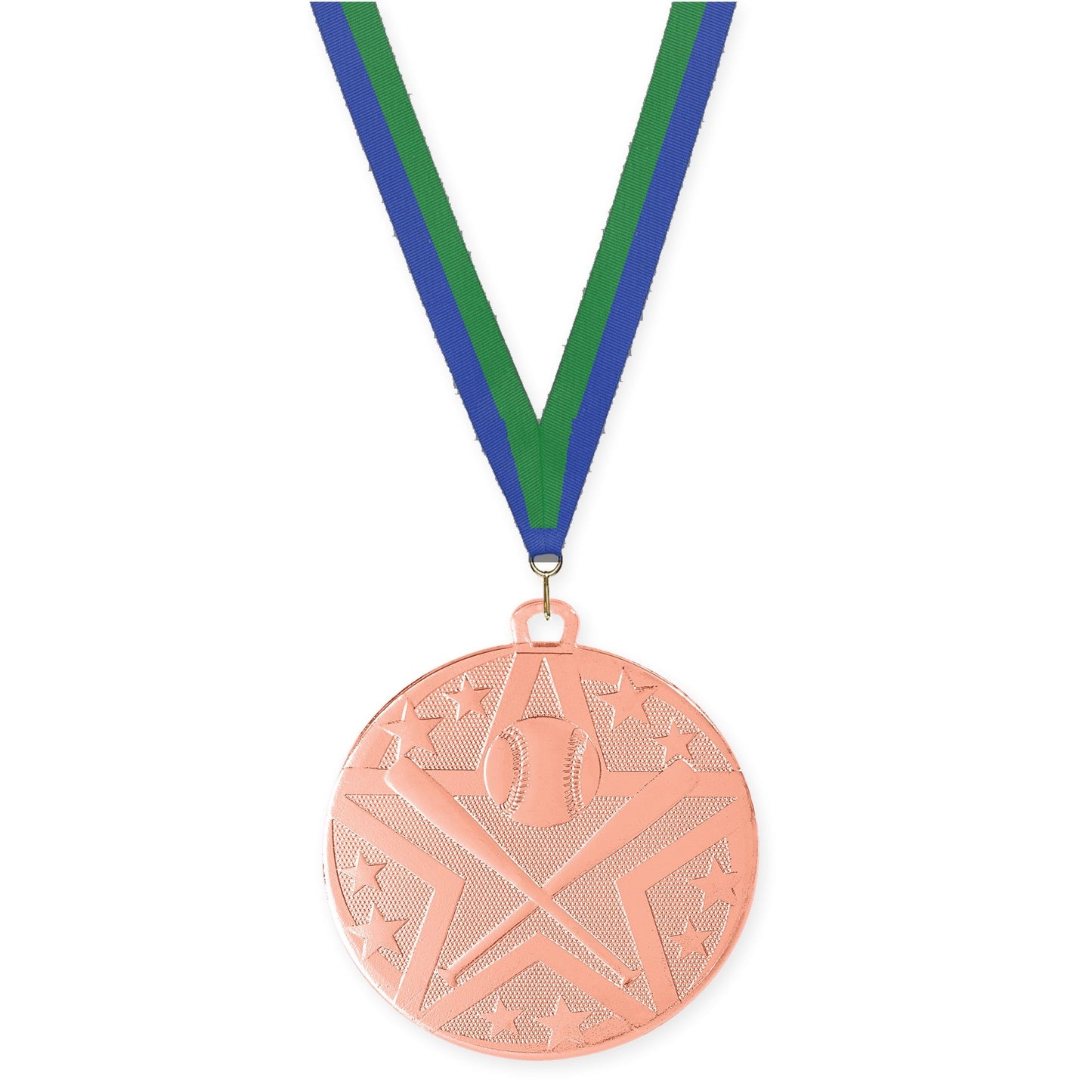 2 inch baseball and softball Superstar medal in bronze with Blue Green neck ribbon