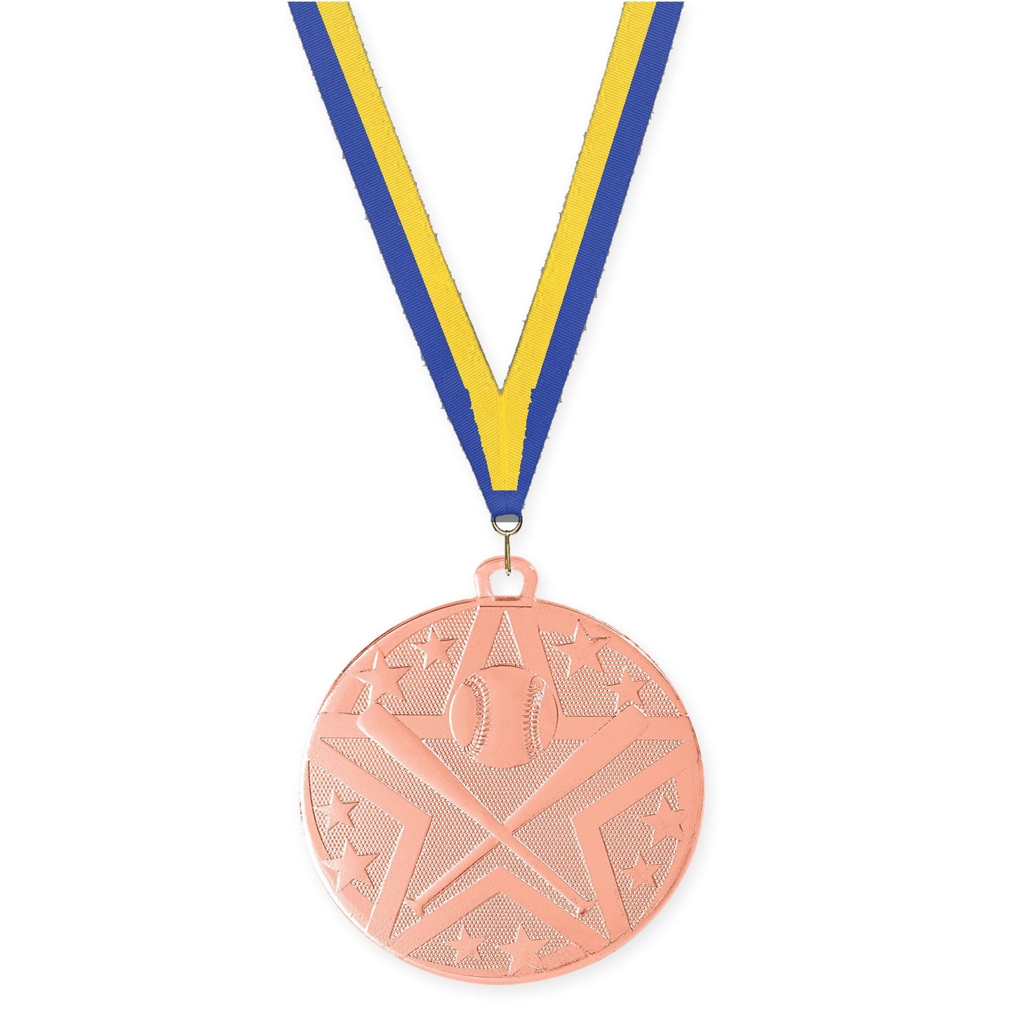 2 inch baseball and softball Superstar medal in bronze with Blue Yellow neck ribbon