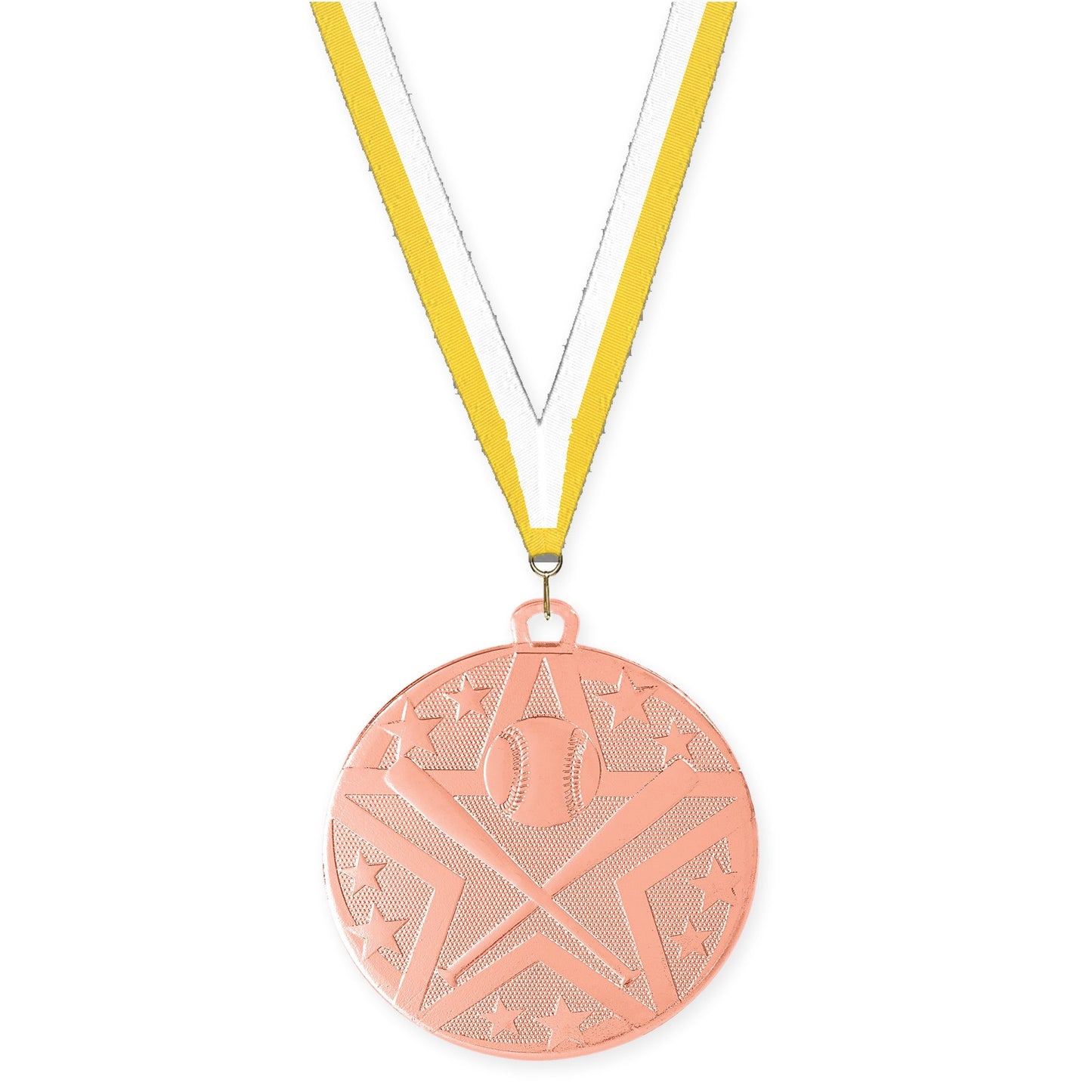 2 inch baseball and softball Superstar medal in bronze with Yellow White neck ribbon