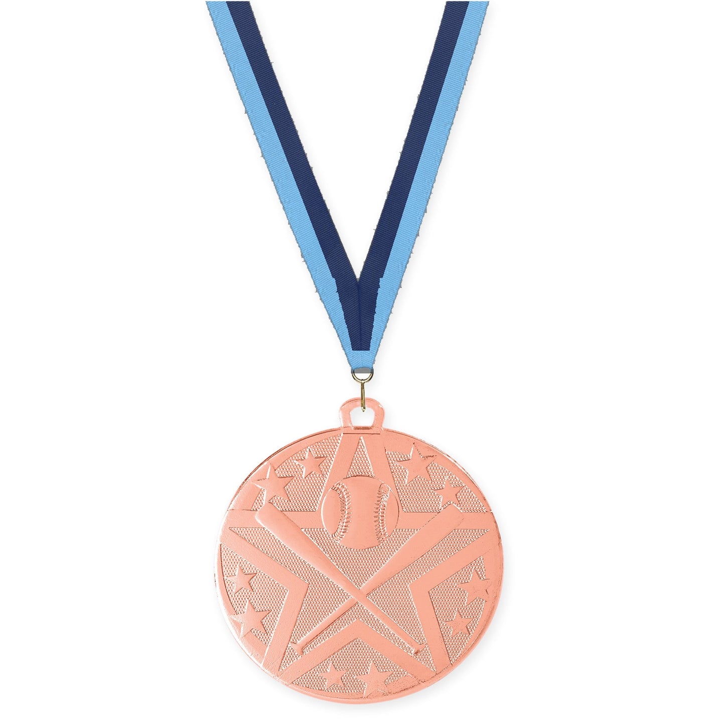 2 inch baseball and softball Superstar medal in bronze with Light Blue Navy neck ribbon