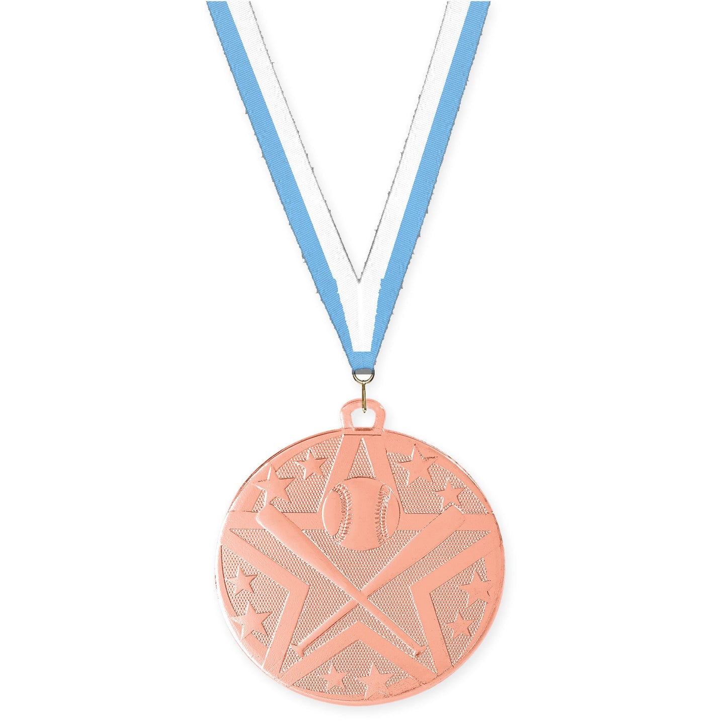 2 inch baseball and softball Superstar medal in bronze with Light Blue White neck ribbon