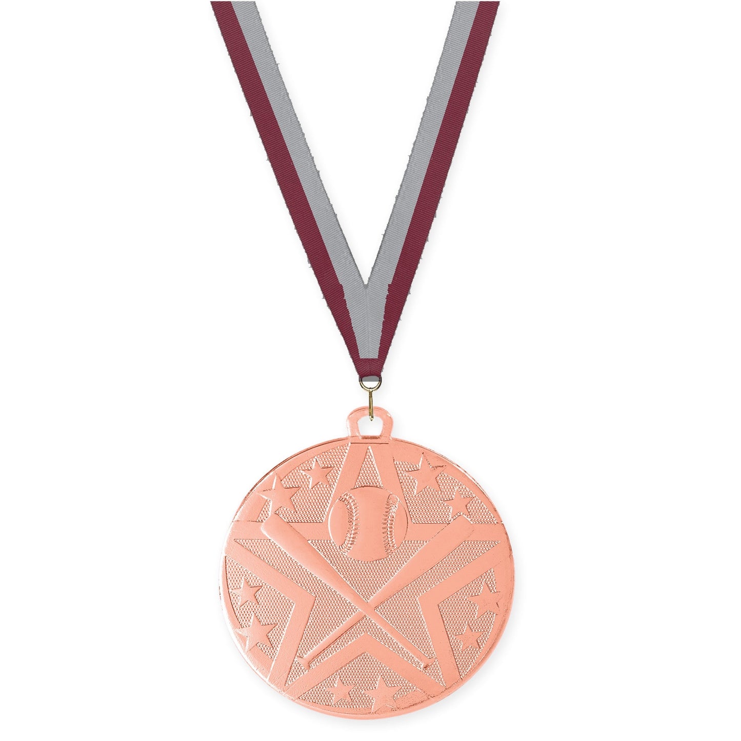2 inch baseball and softball Superstar medal in bronze with Maroon Gray neck ribbon