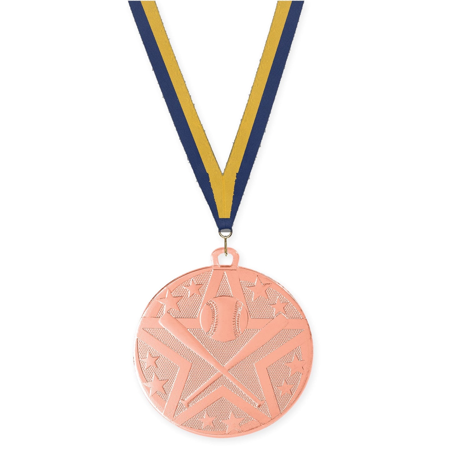 2 inch baseball and softball Superstar medal in bronze with Navy Gold neck ribbon