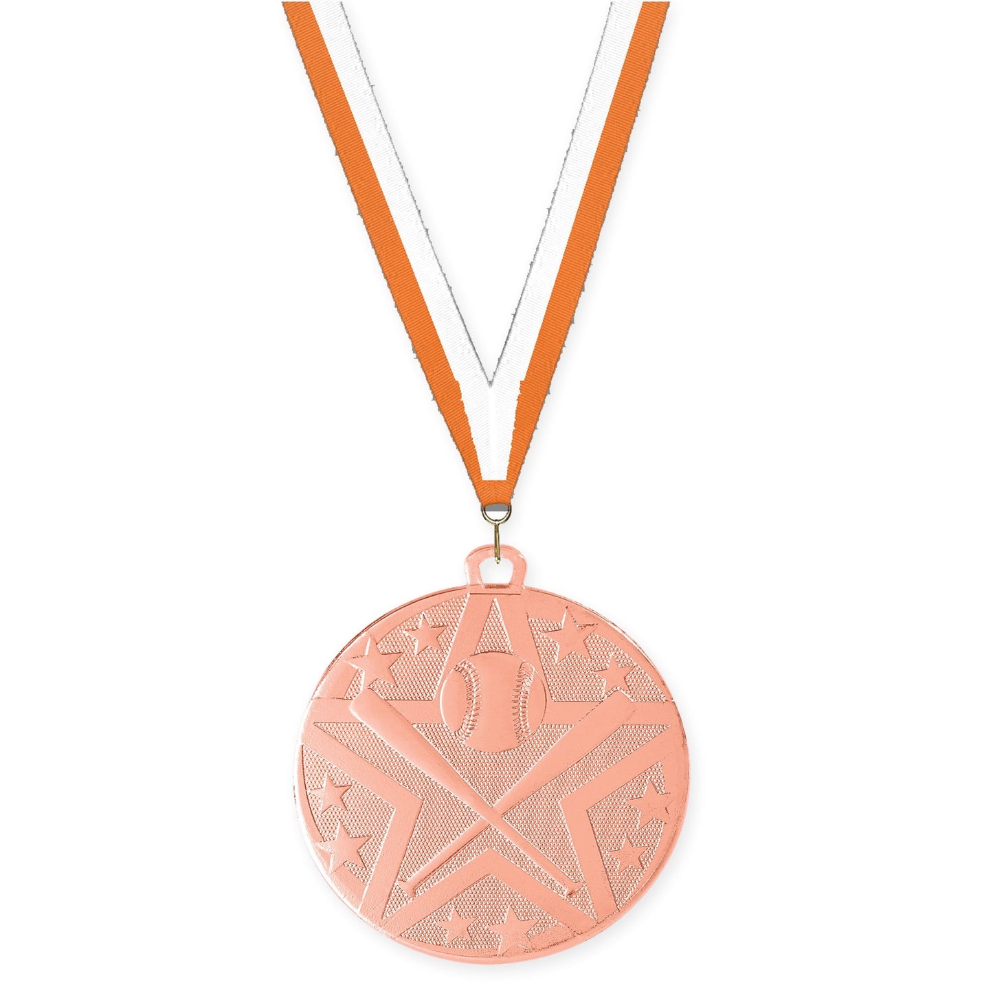 2 inch baseball and softball Superstar medal in bronze with Orange White neck ribbon