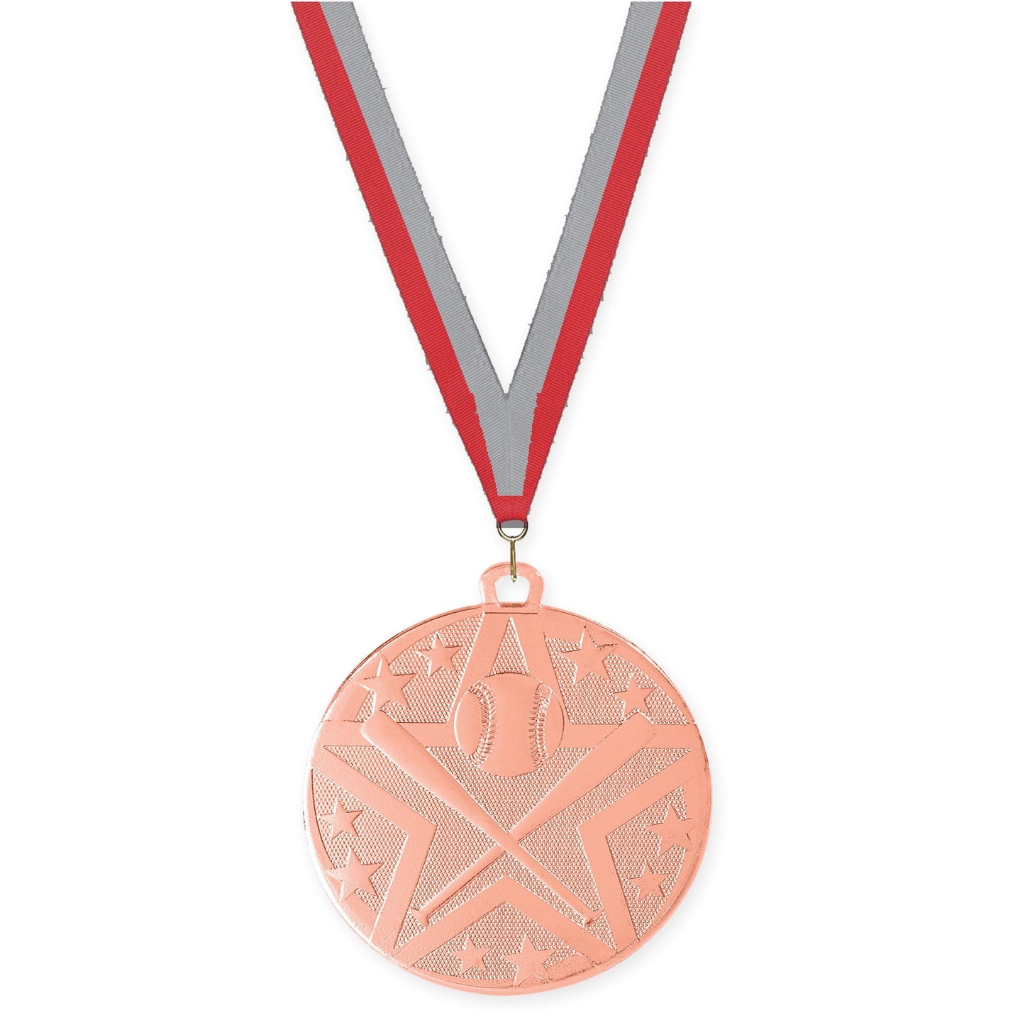 2 inch baseball and softball Superstar medal in bronze with Red Gray neck ribbon