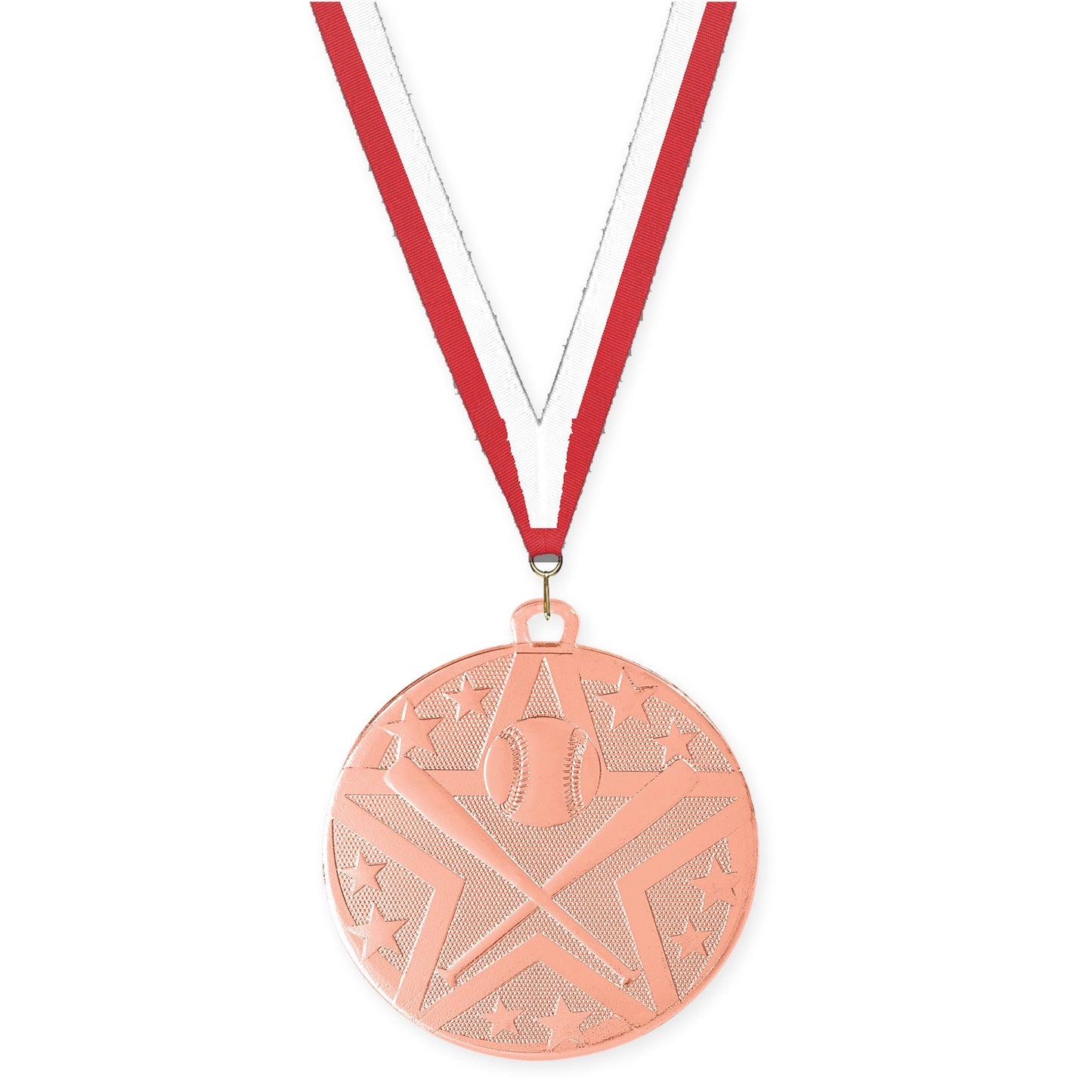 2 inch baseball and softball Superstar medal in bronze with Red White neck ribbon
