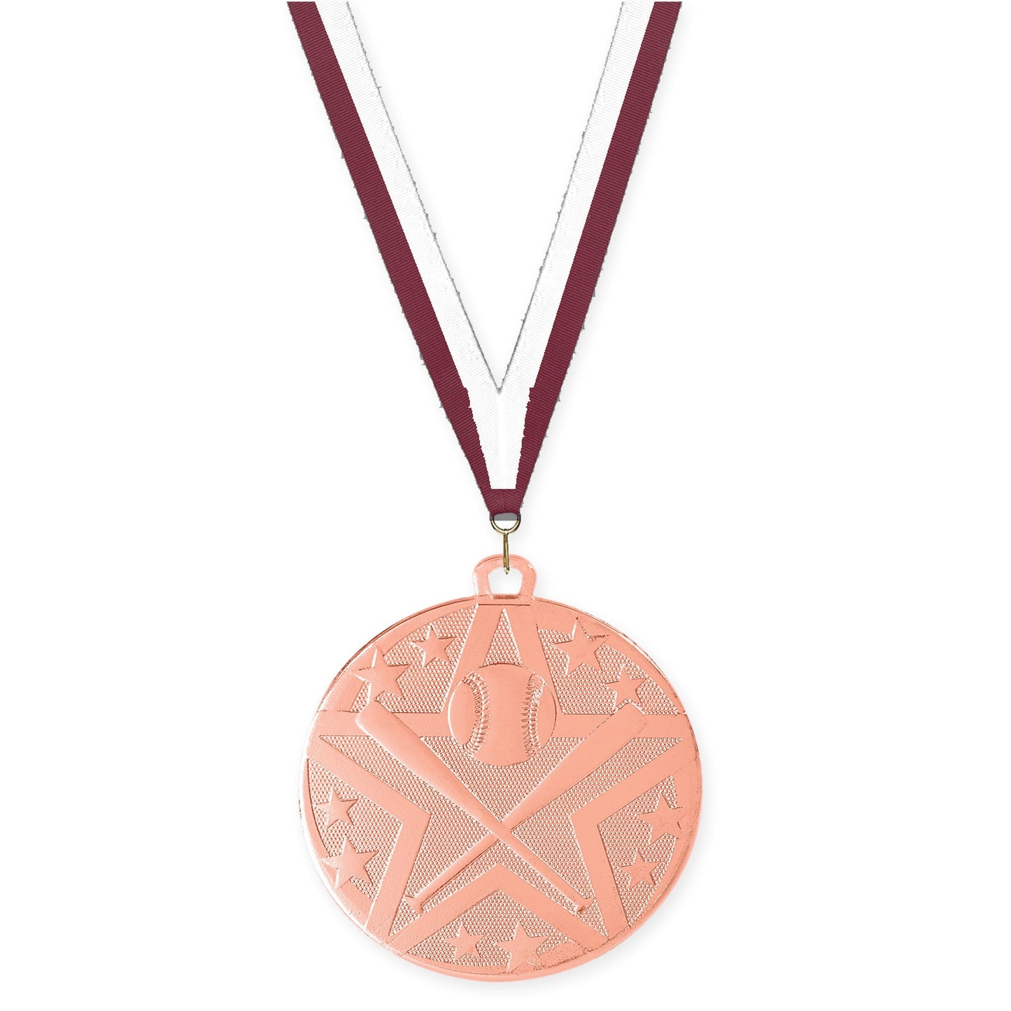 2 inch baseball and softball Superstar medal in bronze with Maroon White neck ribbon